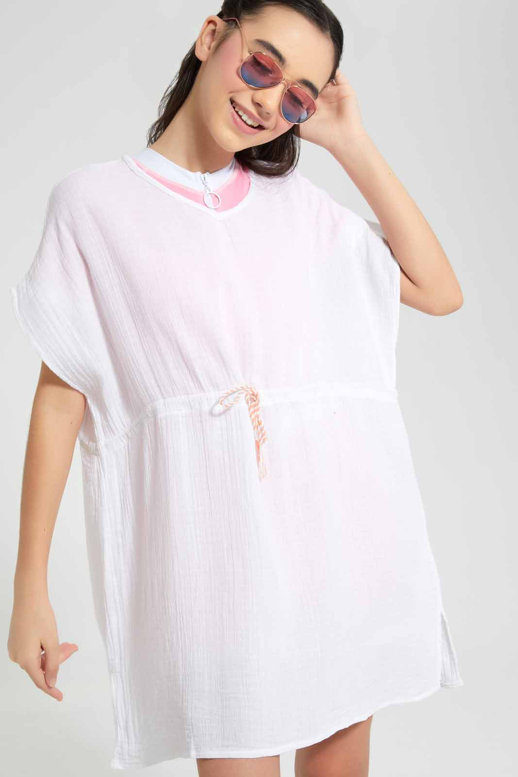 Redtag-White-Kaftan-Tunic-Dress-Category:Dresses,-Colour:White,-Deals:New-In,-Filter:Senior-Girls-(9-to-14-Yrs),-GSR-Dresses,-New-In-GSR-APL,-Non-Sale,-S22D,-Section:Girls-(0-to-14Yrs)-Senior-Girls-9 to 14 Years