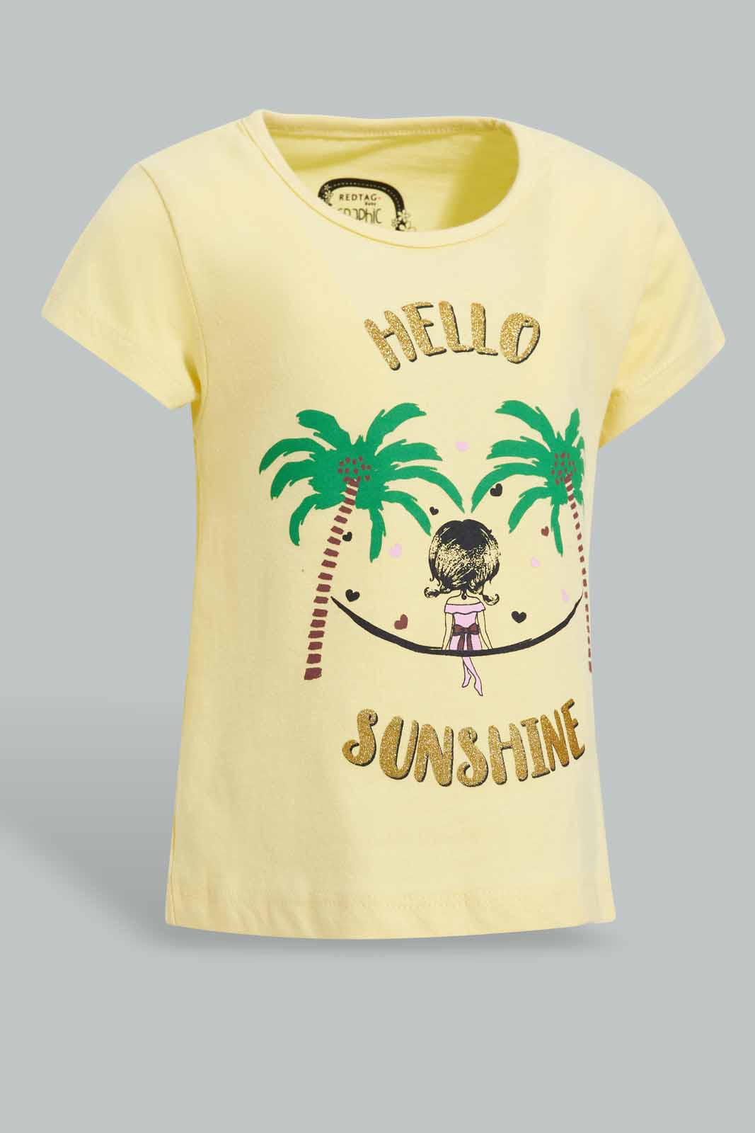 Redtag-Yellow-Girl-Placement-Print-T-Shirt-Graphic-T-Shirts-Infant-Girls-3 to 24 Months