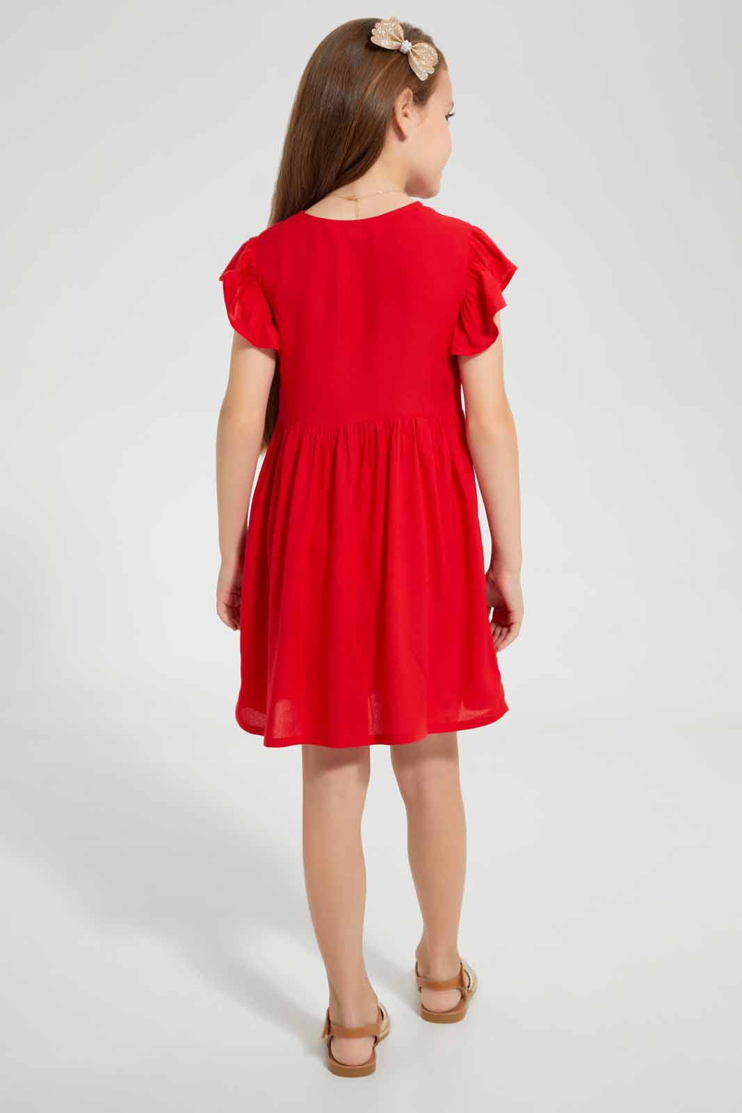 Redtag-Red-Button-Down-Dress-Dresses-Girls-2 to 8 Years