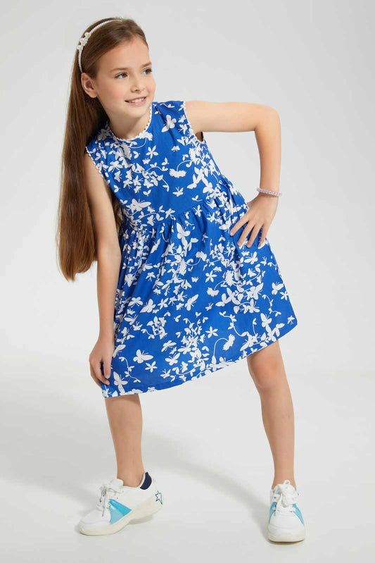 Redtag-Blue-Basic-Printed-Dress-Dresses-Girls-2 to 8 Years