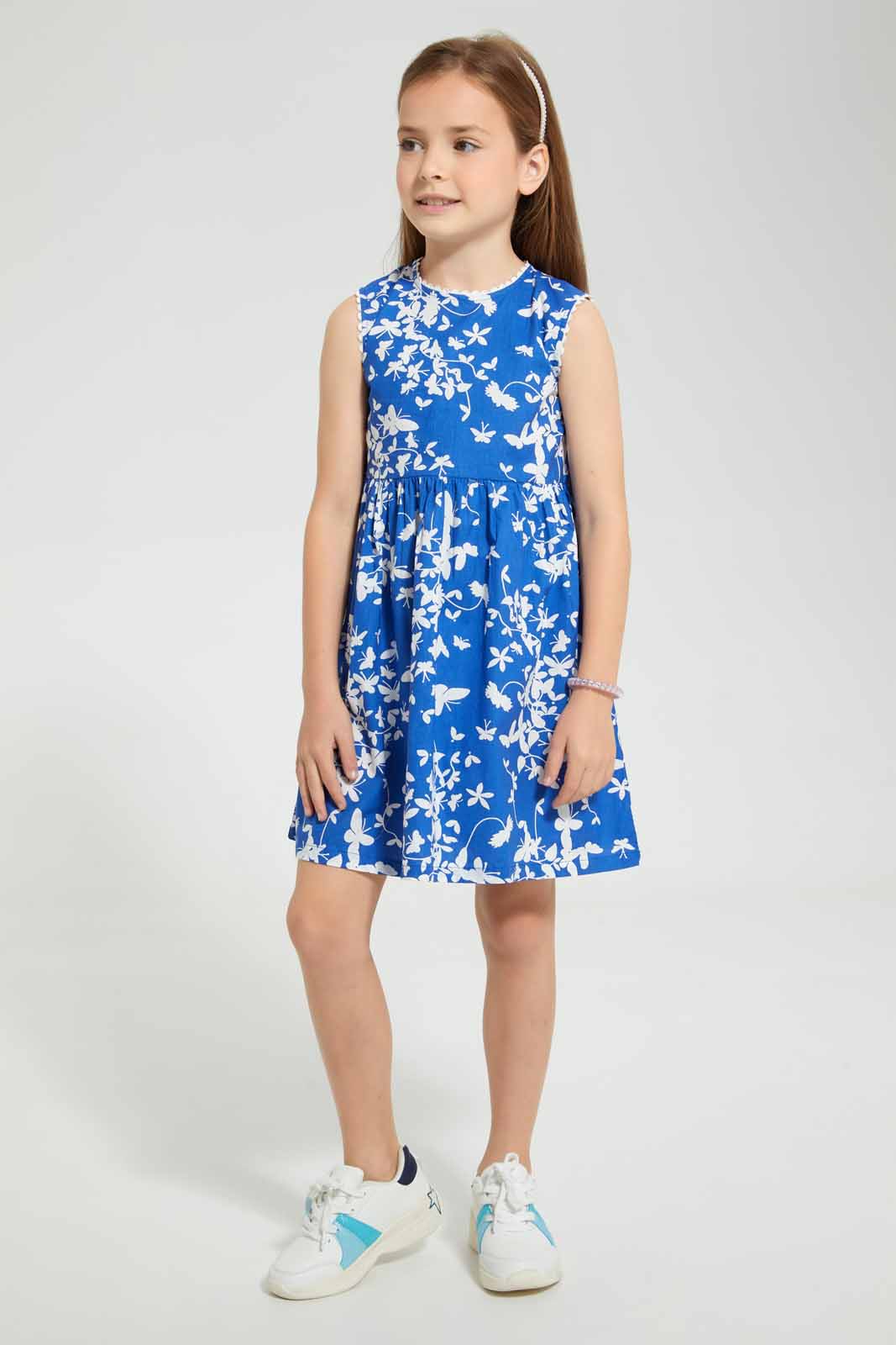 Redtag-Blue-Basic-Printed-Dress-Dresses-Girls-2 to 8 Years