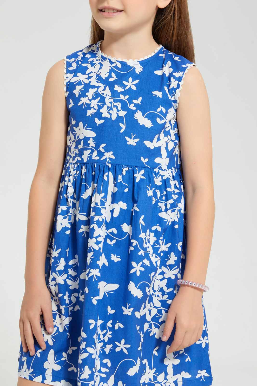 Redtag-Blue-Basic-Printed-Dress-Dresses-Girls-2 to 8 Years