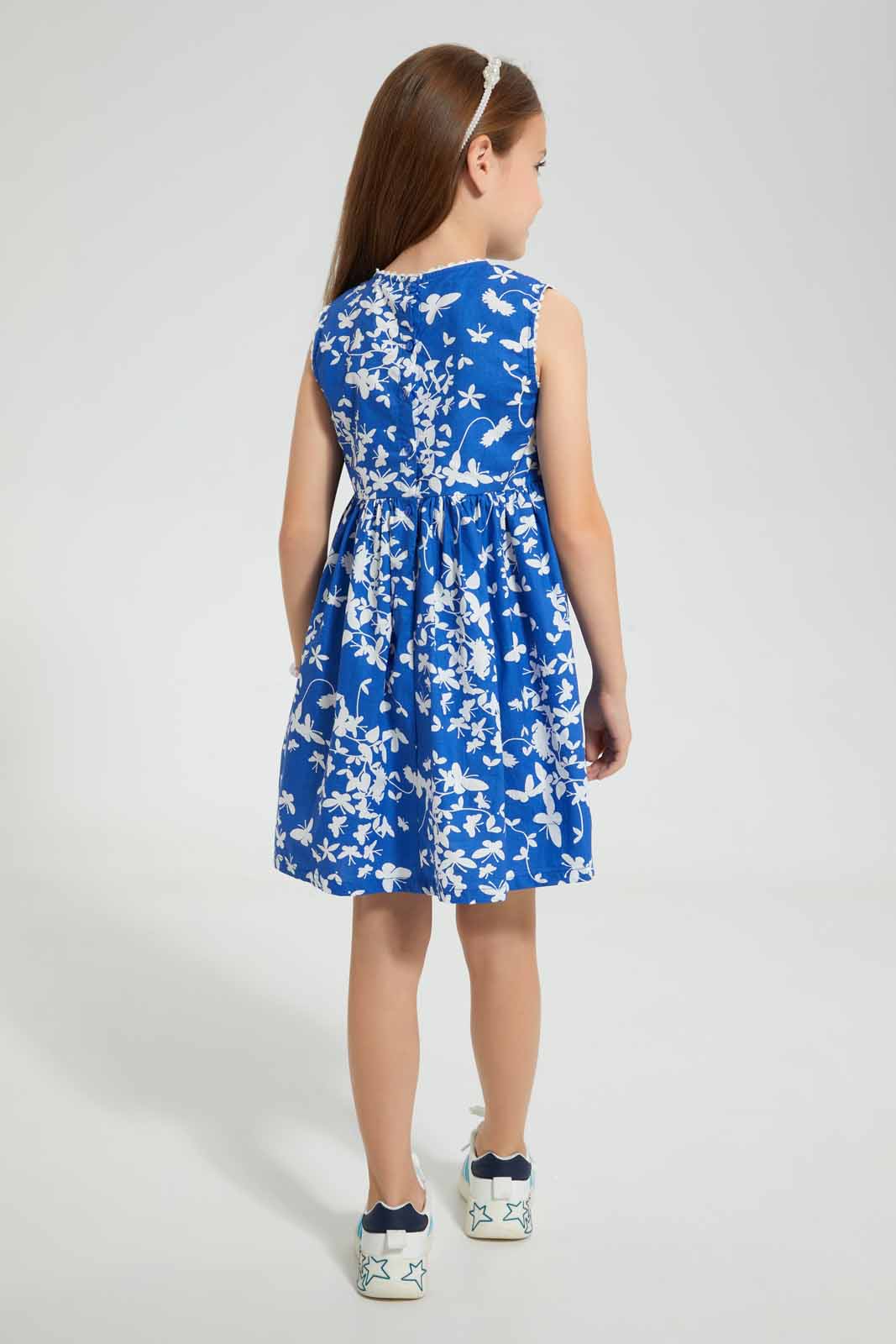 Redtag-Blue-Basic-Printed-Dress-Dresses-Girls-2 to 8 Years