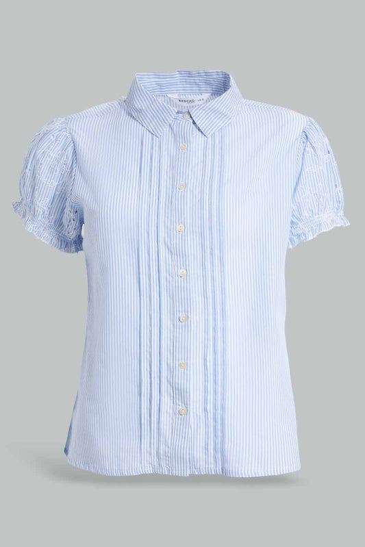 Redtag-Striped-Schiffily-Embroidered-Sleeves-Buttoned-Blouse-Category:Blouses,-Colour:Blue,-Deals:Sale,-Filter:Women's-Clothing,-S22D,-Sale-Women-APL,-Section:Women,-Women-Blouses-Women's-