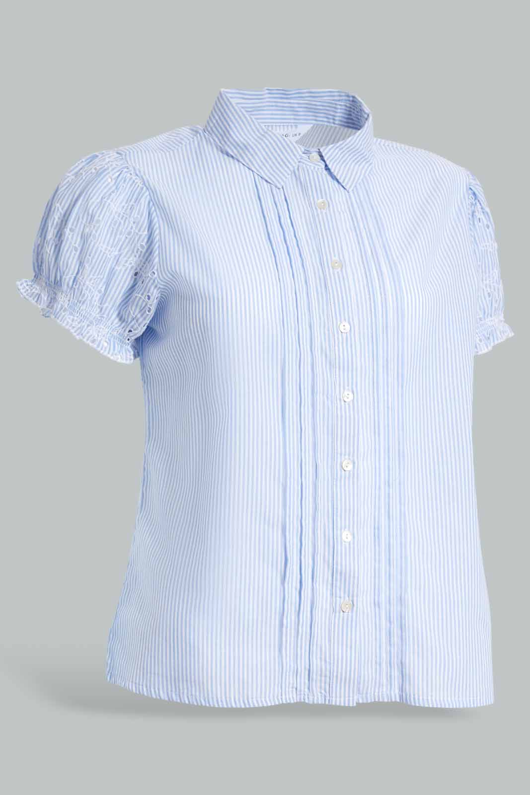 Redtag-Striped-Schiffily-Embroidered-Sleeves-Buttoned-Blouse-Category:Blouses,-Colour:Blue,-Deals:Sale,-Filter:Women's-Clothing,-S22D,-Sale-Women-APL,-Section:Women,-Women-Blouses-Women's-