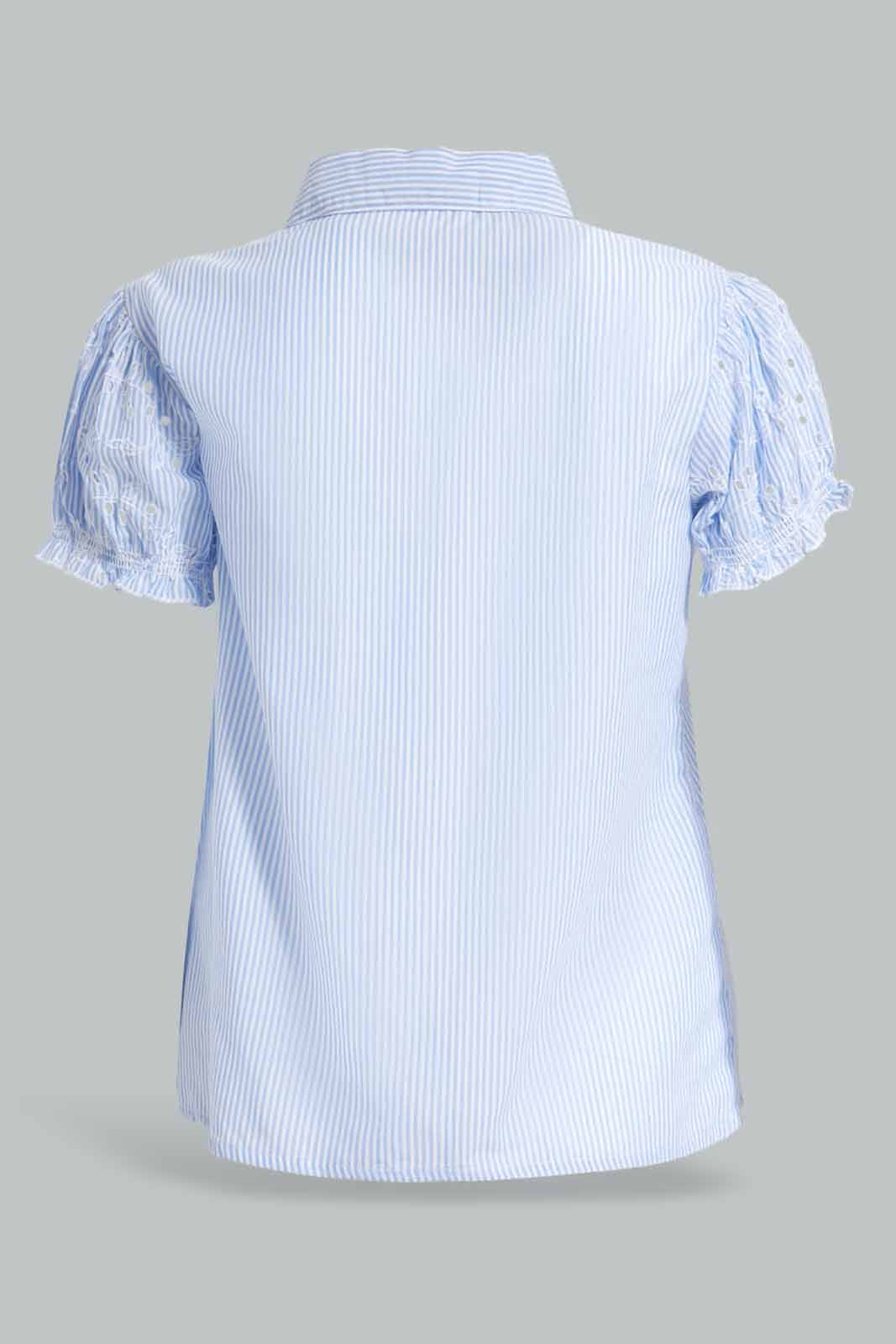 Redtag-Striped-Schiffily-Embroidered-Sleeves-Buttoned-Blouse-Category:Blouses,-Colour:Blue,-Deals:Sale,-Filter:Women's-Clothing,-S22D,-Sale-Women-APL,-Section:Women,-Women-Blouses-Women's-
