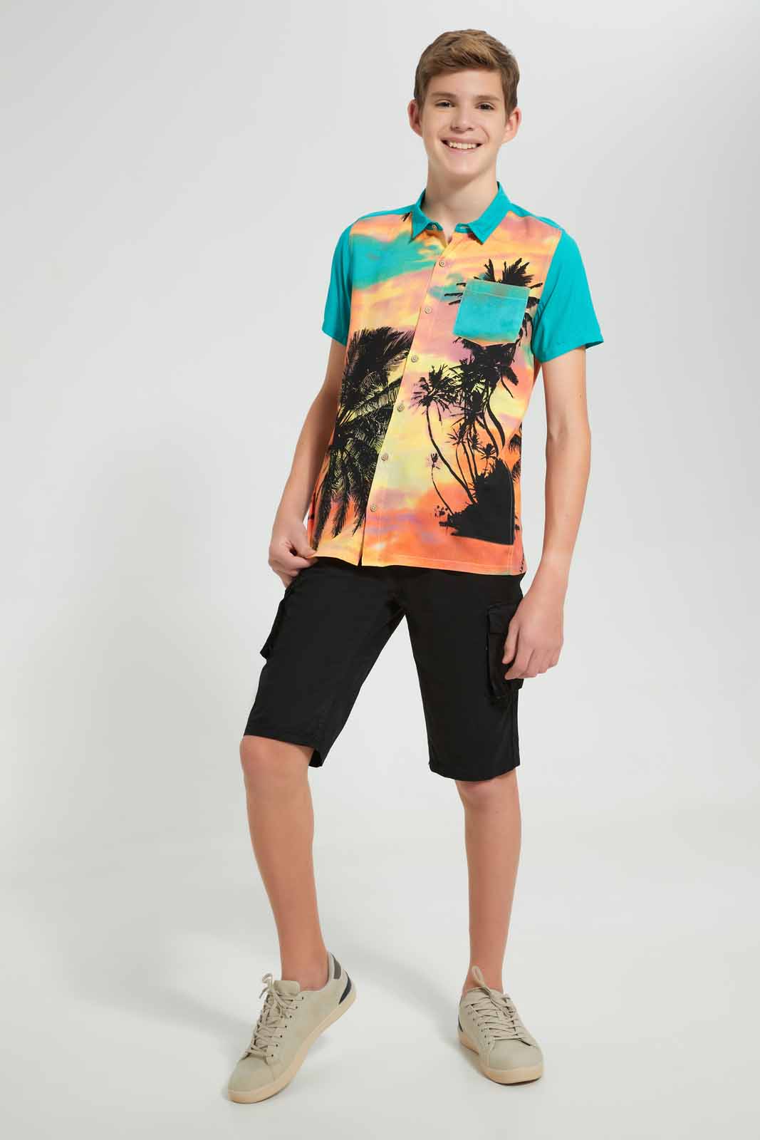 Redtag-Green-Palm-Tree-Aop-Shirt-Casual-Shirts-Senior-Boys-9 to 14 Years