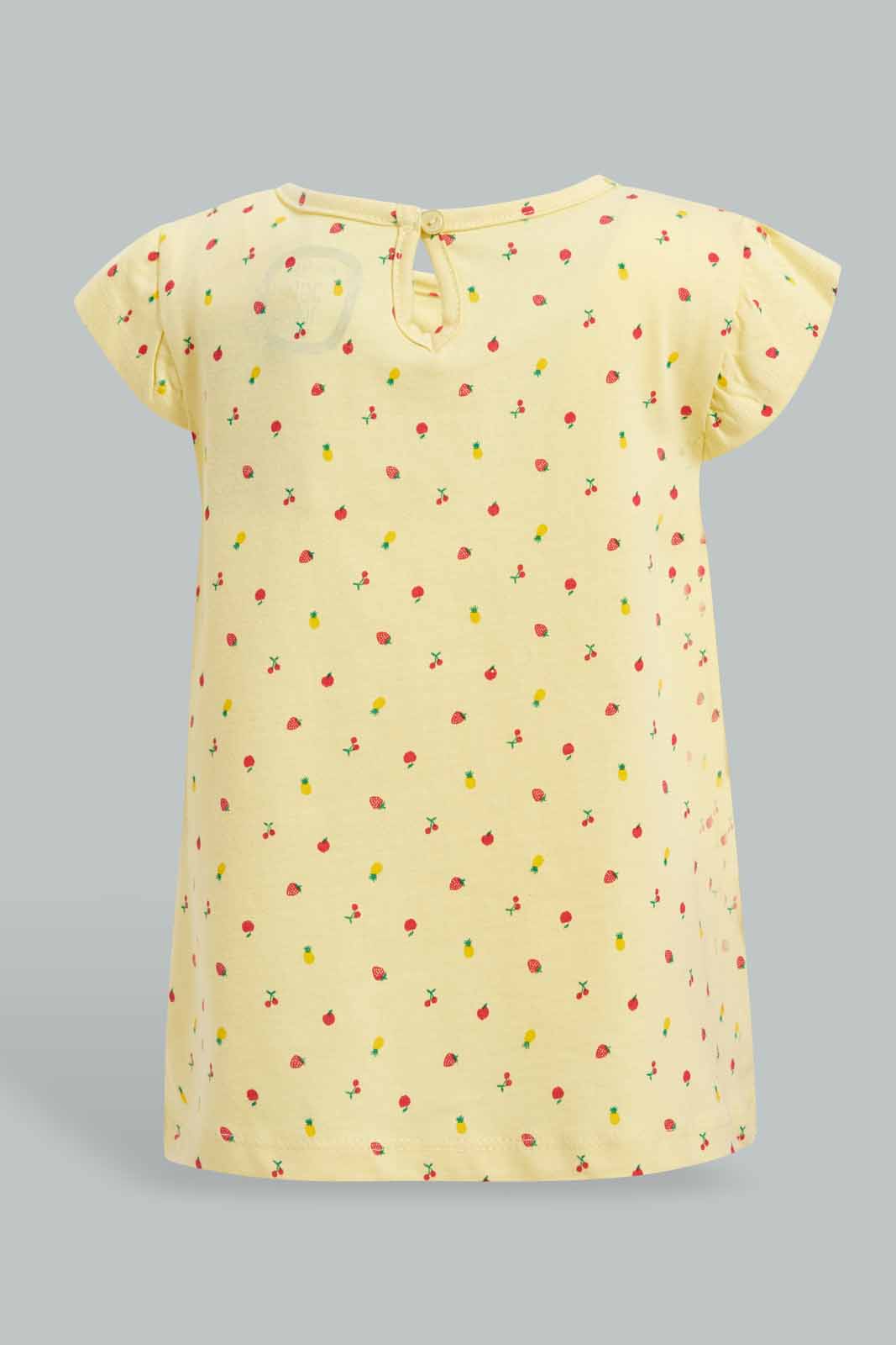 Redtag-Yellow-Fruit-Print-T-Shirt-For-Baby-Girls-Category:T-Shirts,-Colour:Yellow,-Deals:Sale,-Filter:Infant-Girls-(3-to-24-Mths),-Infant-Girls-T-Shirts,-S22D,-Sale-ING-APL,-Section:Girls-(0-to-14Yrs),-TBL-Infant-Girls-3 to 24 Months