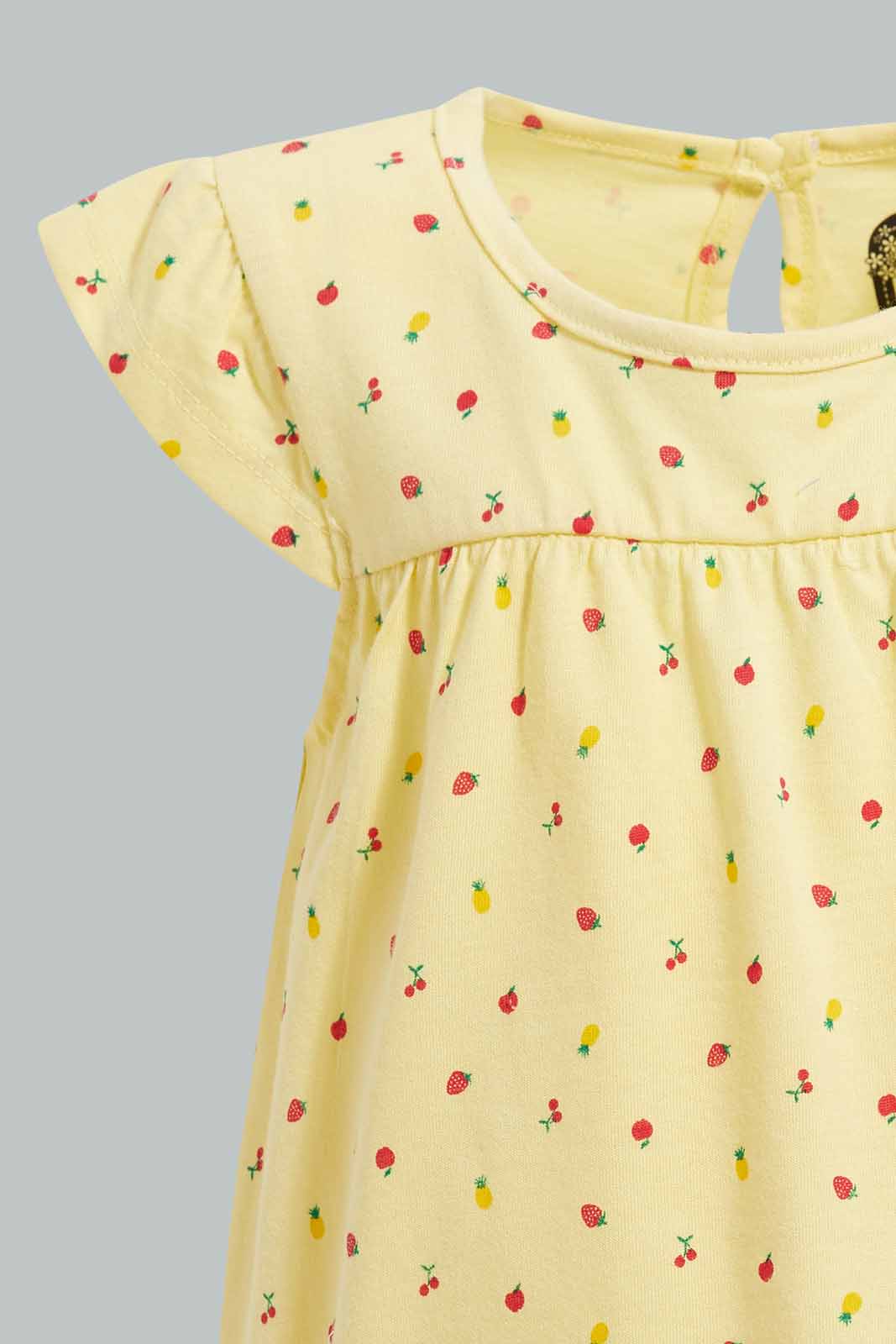 Redtag-Yellow-Fruit-Print-T-Shirt-For-Baby-Girls-Category:T-Shirts,-Colour:Yellow,-Deals:Sale,-Filter:Infant-Girls-(3-to-24-Mths),-Infant-Girls-T-Shirts,-S22D,-Sale-ING-APL,-Section:Girls-(0-to-14Yrs),-TBL-Infant-Girls-3 to 24 Months