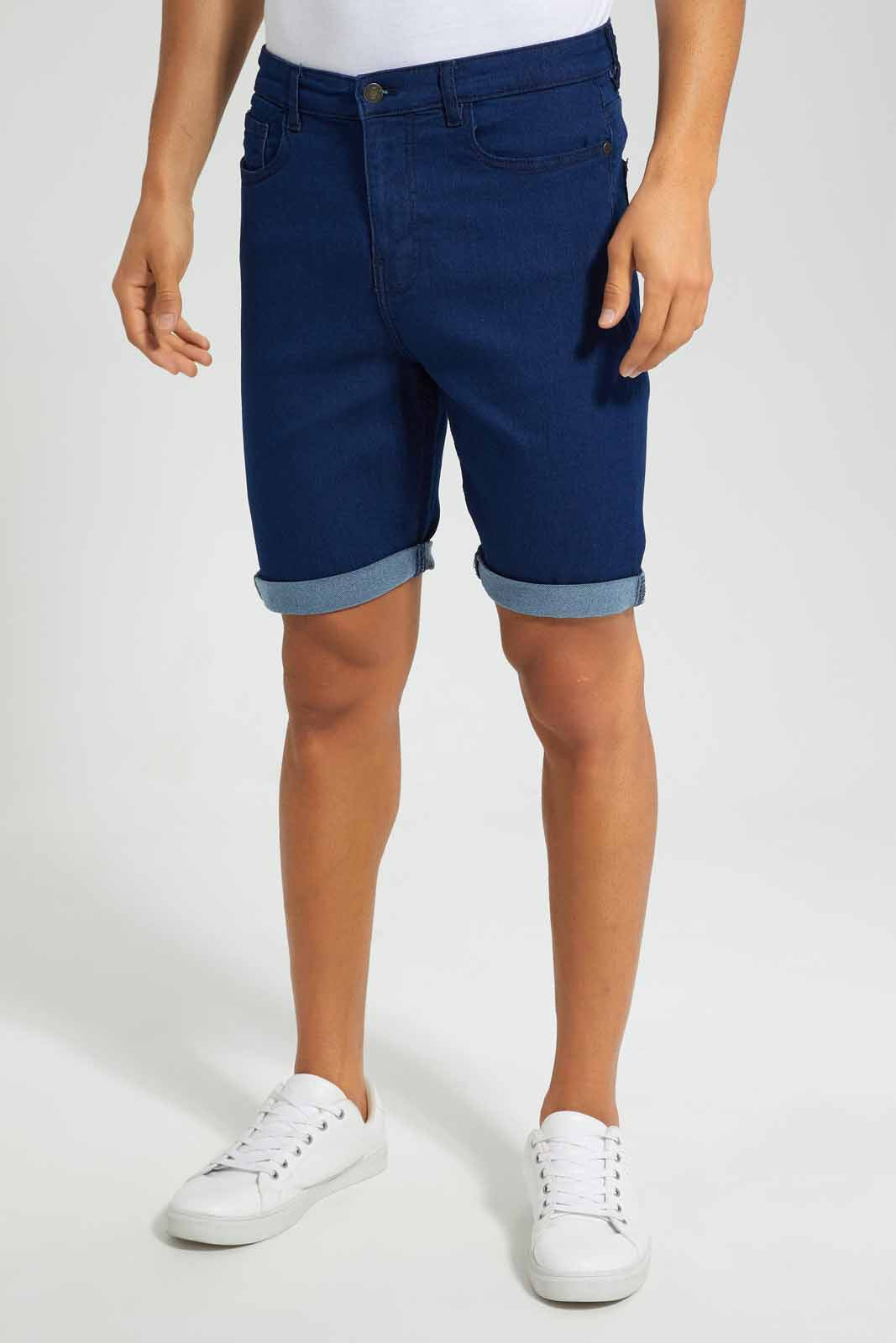 Redtag-Rinse-Wash-5-Pocket-Knit-Denim-Shorts-Category:Shorts,-Colour:Dark-Wash,-Deals:New-In,-Filter:Men's-Clothing,-Men-Shorts,-New-In-Men,-Non-Sale,-S22D,-Section:Men-Men's-