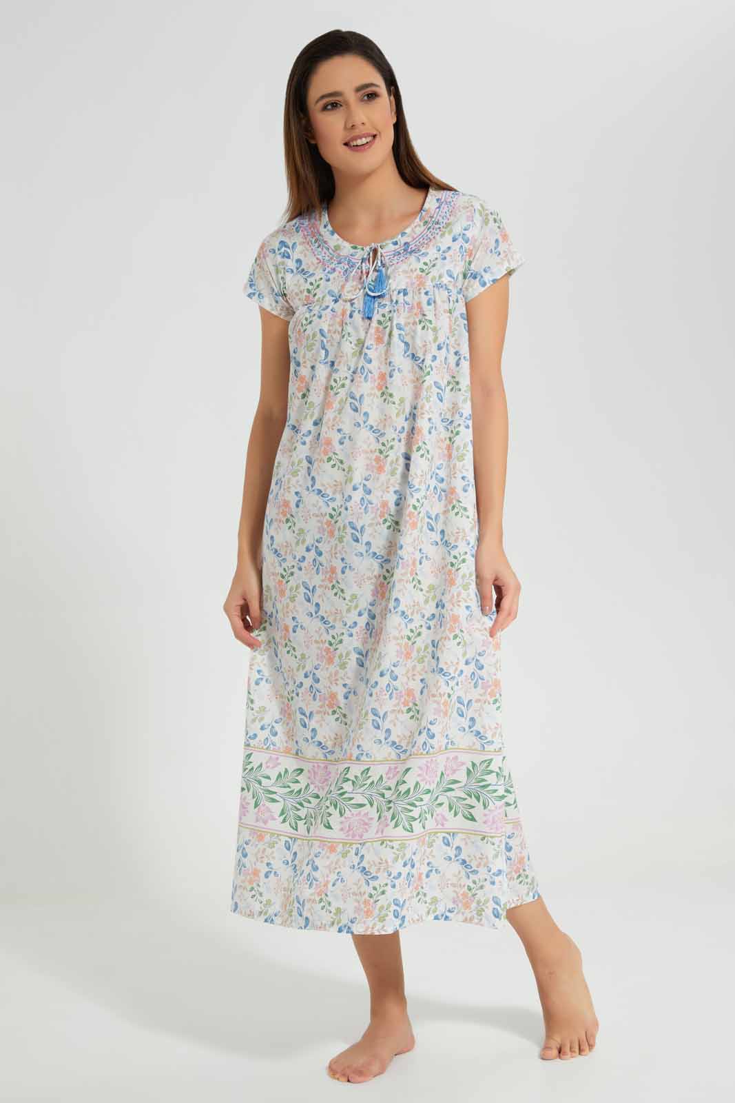 Redtag-White-Printed-Nightgown-Short-Sleeve-Category:Nightgowns,-Colour:White,-Deals:New-In,-Filter:Women's-Clothing,-New-In-Women-APL,-Non-Sale,-S22D,-Section:Women,-Women-Nightgowns--