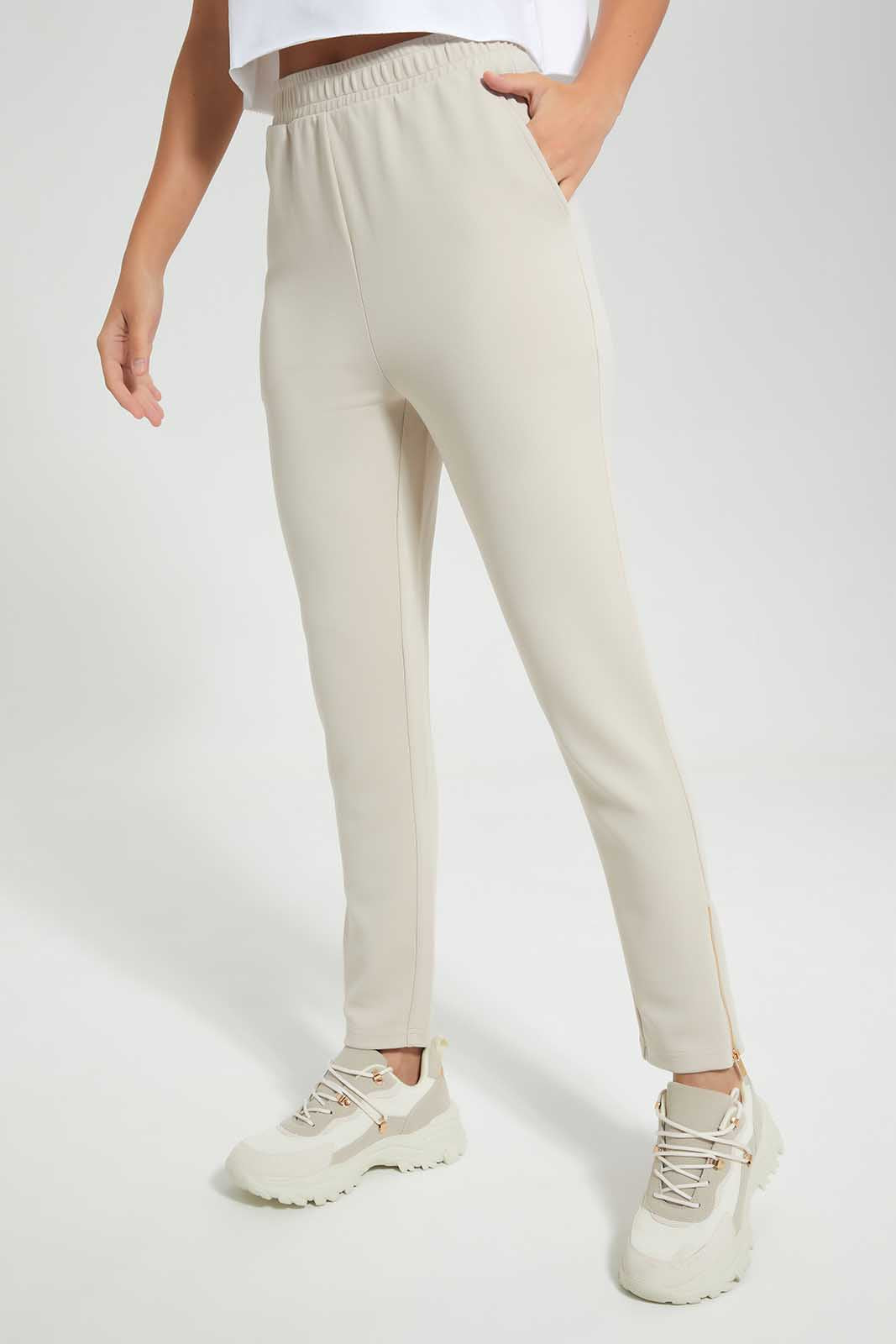 Beige Side Zipper Jogger For Women