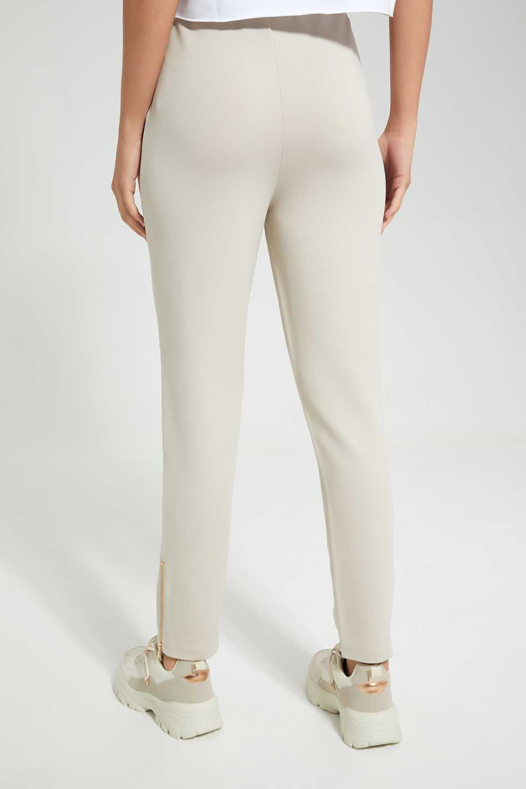 Beige Side Zipper Jogger For Women