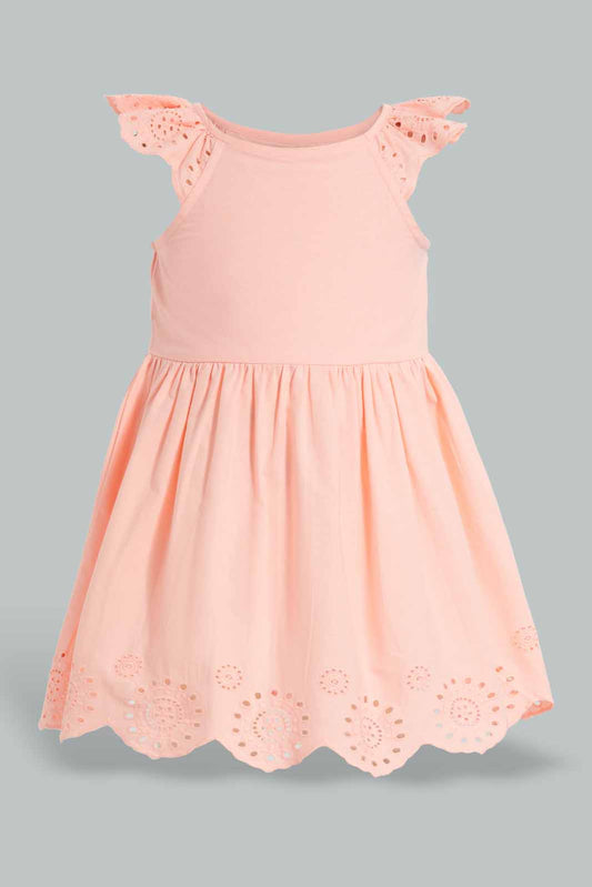Redtag-Coral-Schiffli-Hem-Flutter-Sleeves-Dress-Dresses-Infant-Girls-3 to 24 Months