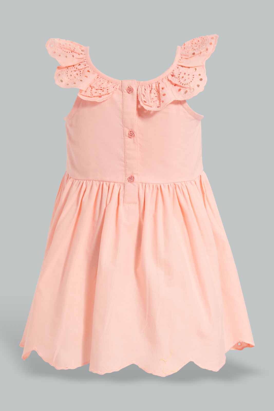 Redtag-Coral-Schiffli-Hem-Flutter-Sleeves-Dress-Dresses-Infant-Girls-3 to 24 Months