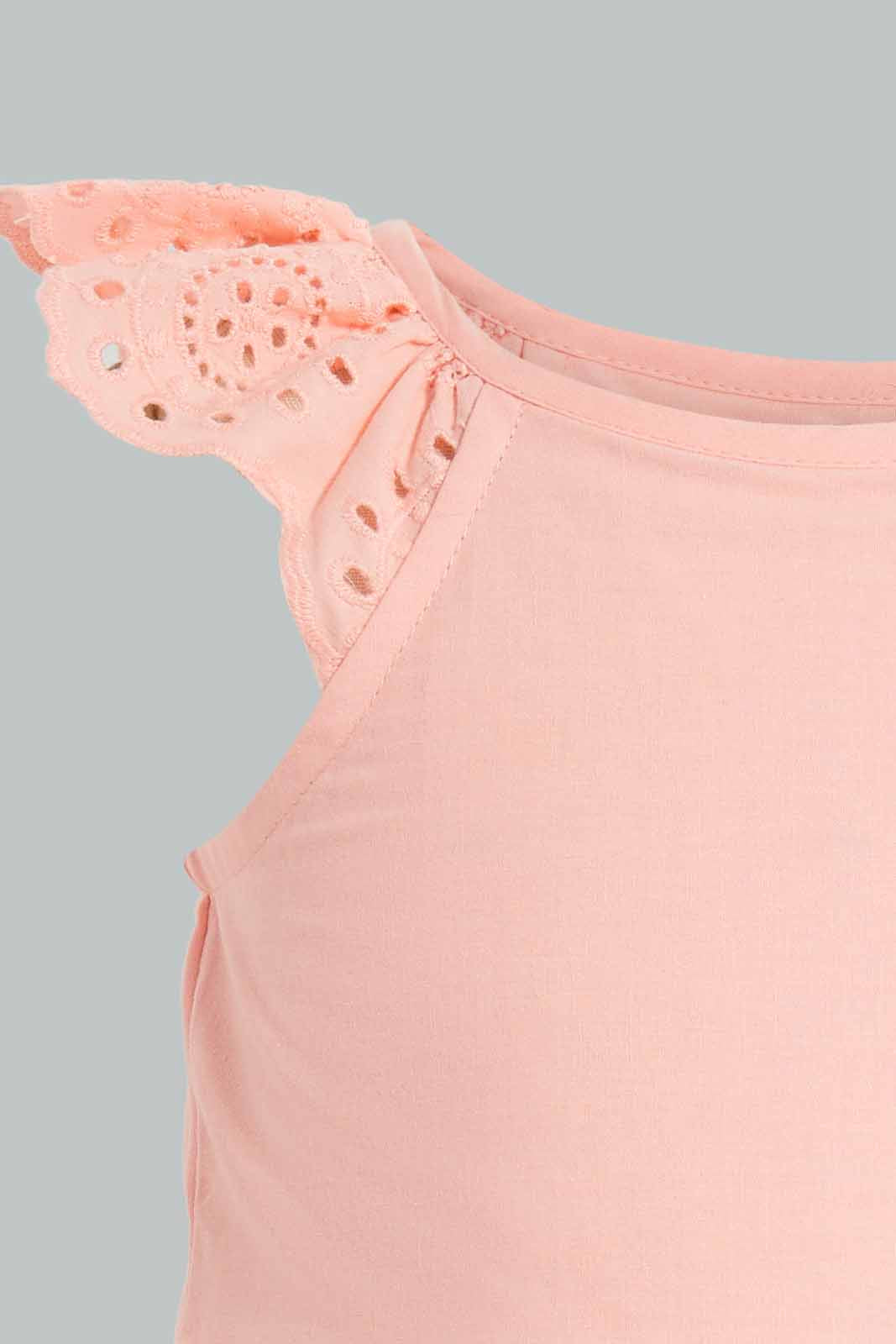 Redtag-Coral-Schiffli-Hem-Flutter-Sleeves-Dress-Dresses-Infant-Girls-3 to 24 Months