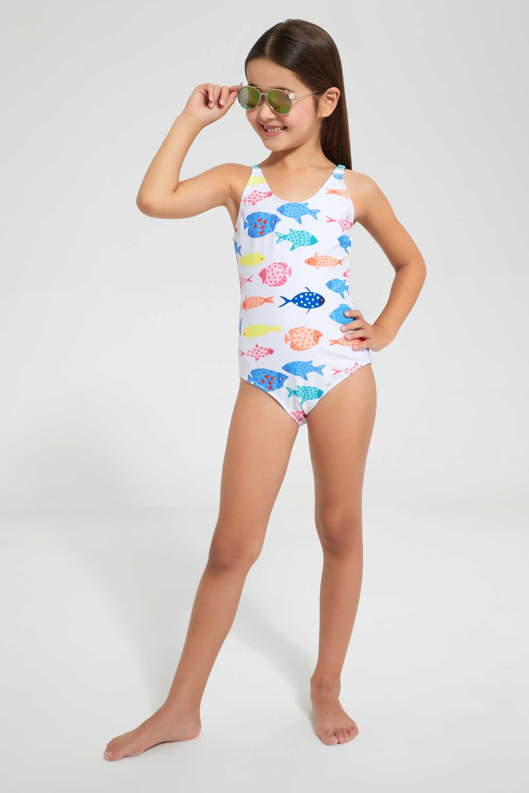 Redtag-White-Fish-Print-One-Piece-Swimsuit-Category:Swimwear,-Colour:White,-Deals:4-For-90,-Deals:Sale,-Filter:Girls-(2-to-8-Yrs),-Girls-Swimwear,-NDAY,-S22D,-Sale-GIR-APL,-Section:Girls-(0-to-14Yrs)-Girls-2 to 8 Years