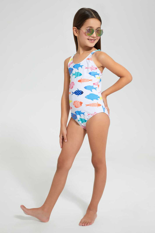 Redtag-White-Fish-Print-One-Piece-Swimsuit-Category:Swimwear,-Colour:White,-Deals:4-For-90,-Deals:Sale,-Filter:Girls-(2-to-8-Yrs),-Girls-Swimwear,-NDAY,-S22D,-Sale-GIR-APL,-Section:Girls-(0-to-14Yrs)-Girls-2 to 8 Years