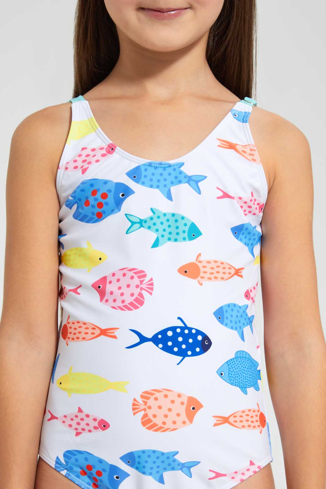 Redtag-White-Fish-Print-One-Piece-Swimsuit-Category:Swimwear,-Colour:White,-Deals:4-For-90,-Deals:Sale,-Filter:Girls-(2-to-8-Yrs),-Girls-Swimwear,-NDAY,-S22D,-Sale-GIR-APL,-Section:Girls-(0-to-14Yrs)-Girls-2 to 8 Years