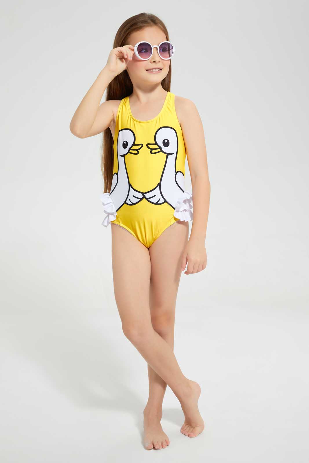 Redtag-Yellow-One-Piece-Swimsuit-Category:Swimwear,-Colour:Yellow,-Deals:4-For-90,-Deals:Sale,-Filter:Girls-(2-to-8-Yrs),-Girls-Swimwear,-S22D,-Sale-GIR-APL,-Section:Girls-(0-to-14Yrs)-Girls-2 to 8 Years