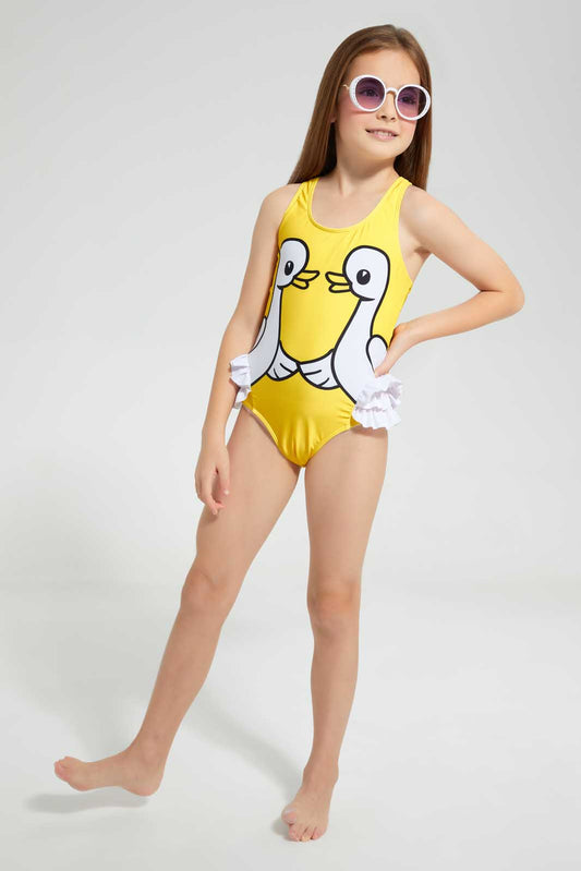 Redtag-Yellow-One-Piece-Swimsuit-Category:Swimwear,-Colour:Yellow,-Deals:4-For-90,-Deals:Sale,-Filter:Girls-(2-to-8-Yrs),-Girls-Swimwear,-S22D,-Sale-GIR-APL,-Section:Girls-(0-to-14Yrs)-Girls-2 to 8 Years