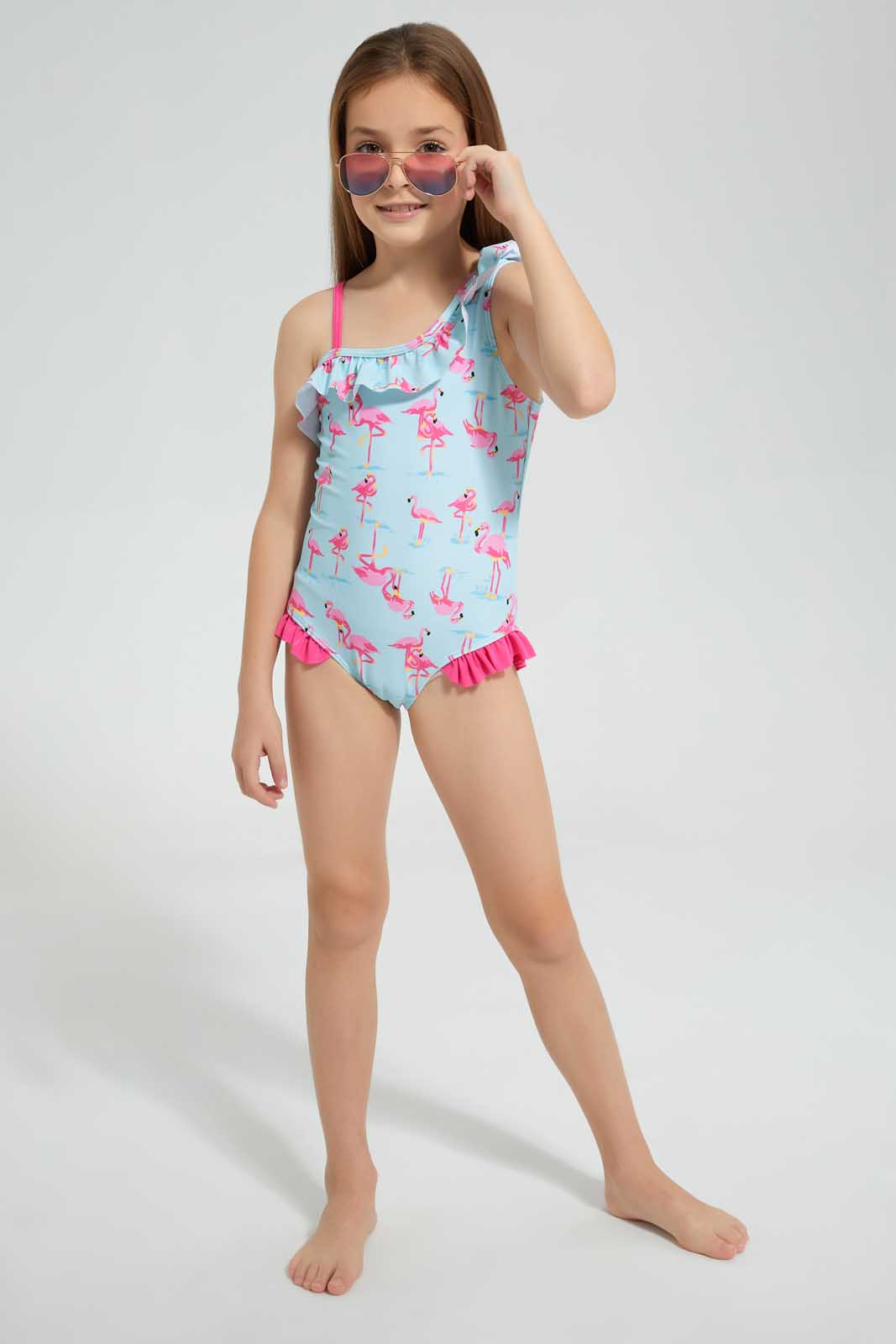 Redtag-Mint-Flamingo-Print-One-Piece-Swimsuit-Category:Swimwear,-Colour:Mint,-Deals:3-For-90,-Deals:Sale,-Filter:Girls-(2-to-8-Yrs),-Girls-Swimwear,-S22D,-Sale-GIR-APL,-Section:Girls-(0-to-14Yrs)-Girls-2 to 8 Years