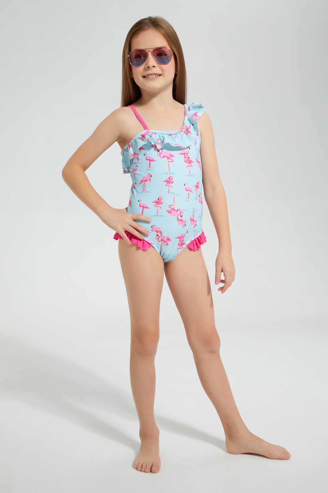Redtag-Mint-Flamingo-Print-One-Piece-Swimsuit-Category:Swimwear,-Colour:Mint,-Deals:3-For-90,-Deals:Sale,-Filter:Girls-(2-to-8-Yrs),-Girls-Swimwear,-S22D,-Sale-GIR-APL,-Section:Girls-(0-to-14Yrs)-Girls-2 to 8 Years