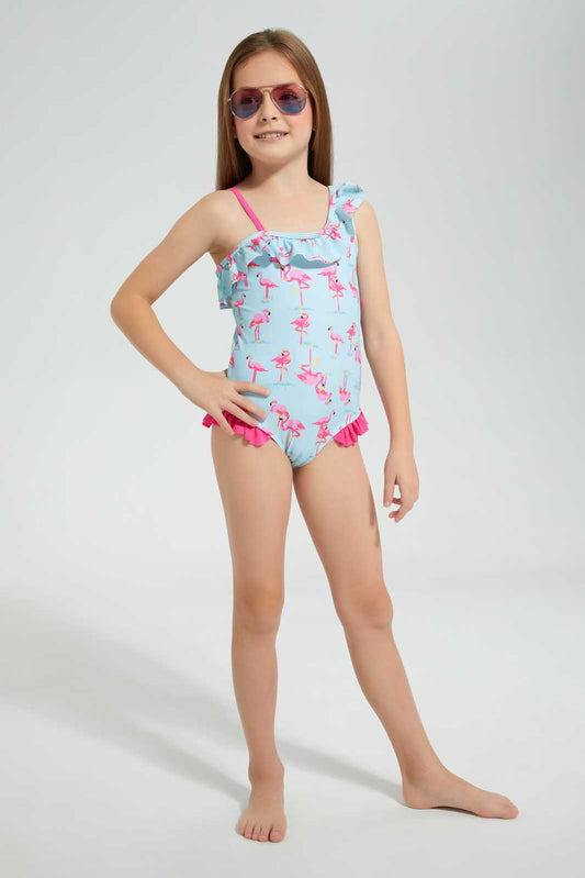 Redtag-Mint-Flamingo-Print-One-Piece-Swimsuit-Category:Swimwear,-Colour:Mint,-Deals:3-For-90,-Deals:Sale,-Filter:Girls-(2-to-8-Yrs),-Girls-Swimwear,-S22D,-Sale-GIR-APL,-Section:Girls-(0-to-14Yrs)-Girls-2 to 8 Years