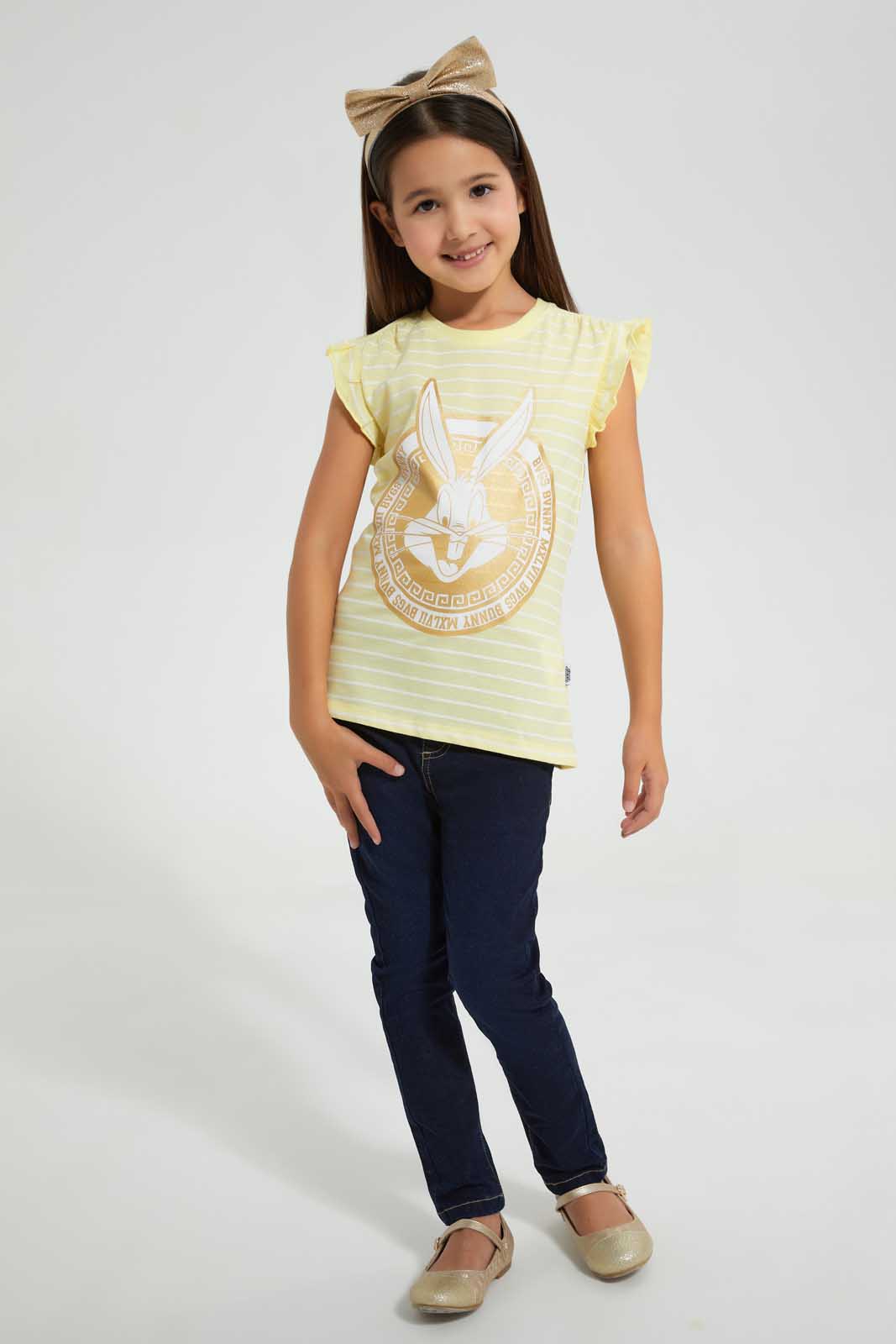 Redtag-Yellow-Bugs-Bunny-T-Shirt-With-Aop-Stripe-&-Placement-Print-Bundle,-Category:T-Shirts,-CHR,-Colour:Yellow,-Deals:4-For-90,-Filter:Girls-(2-to-8-Yrs),-Girls-T-Shirts,-S22C,-Section:Girls-(0-to-14Yrs),-TBL-Girls-2 to 8 Years