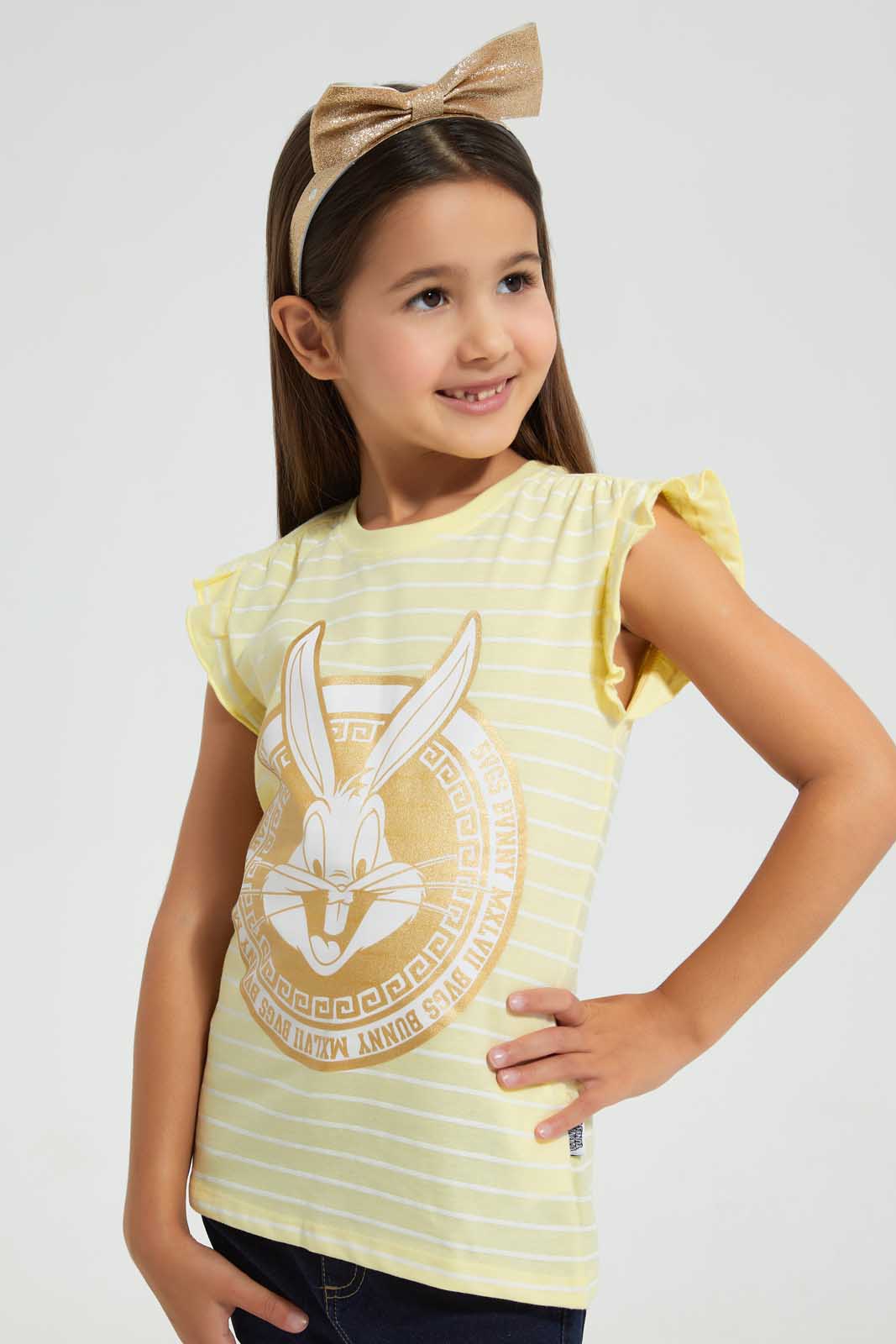 Redtag-Yellow-Bugs-Bunny-T-Shirt-With-Aop-Stripe-&-Placement-Print-Bundle,-Category:T-Shirts,-CHR,-Colour:Yellow,-Deals:4-For-90,-Filter:Girls-(2-to-8-Yrs),-Girls-T-Shirts,-S22C,-Section:Girls-(0-to-14Yrs),-TBL-Girls-2 to 8 Years