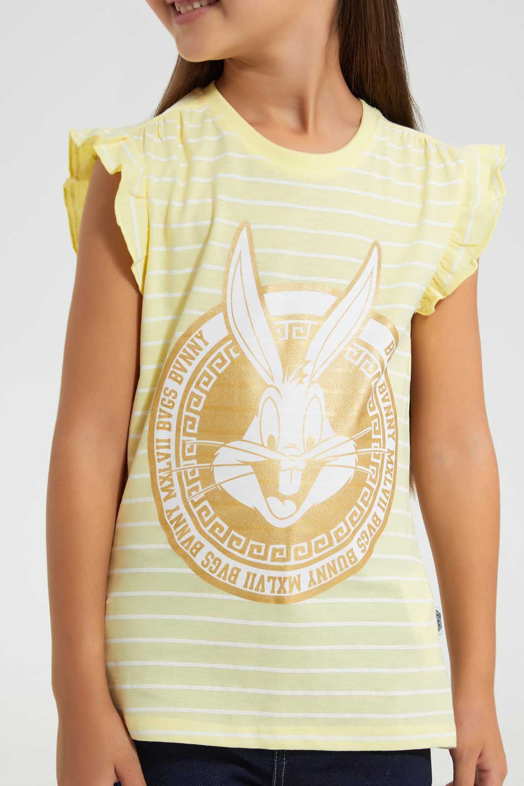 Redtag-Yellow-Bugs-Bunny-T-Shirt-With-Aop-Stripe-&-Placement-Print-Bundle,-Category:T-Shirts,-CHR,-Colour:Yellow,-Deals:4-For-90,-Filter:Girls-(2-to-8-Yrs),-Girls-T-Shirts,-S22C,-Section:Girls-(0-to-14Yrs),-TBL-Girls-2 to 8 Years
