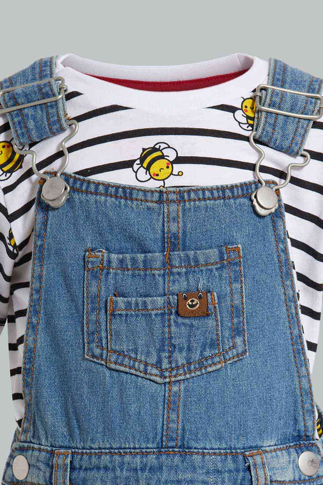 Redtag-Blue-Denim-Dungaree-With-Short-Printed-Tshirt-Category:Sets,-Colour:Blue,-Deals:New-In,-Filter:Infant-Boys-(3-to-24-Mths),-INB-Sets,-New-In-INB-APL,-Non-Sale,-S22D,-Section:Boys-(0-to-14Yrs)-Infant-Boys-3 to 24 Months