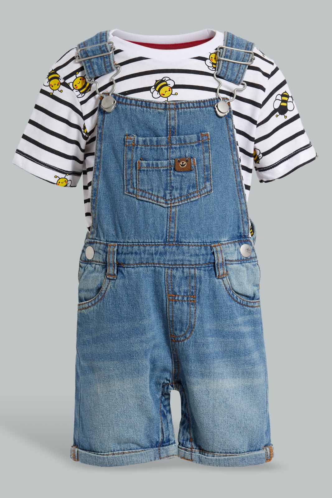 Redtag-Blue-Denim-Dungaree-With-Short-Printed-Tshirt-Category:Sets,-Colour:Blue,-Deals:New-In,-Filter:Infant-Boys-(3-to-24-Mths),-INB-Sets,-New-In-INB-APL,-Non-Sale,-S22D,-Section:Boys-(0-to-14Yrs)-Infant-Boys-3 to 24 Months