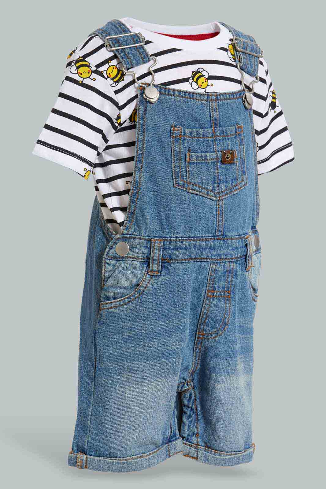 Redtag-Blue-Denim-Dungaree-With-Short-Printed-Tshirt-Category:Sets,-Colour:Blue,-Deals:New-In,-Filter:Infant-Boys-(3-to-24-Mths),-INB-Sets,-New-In-INB-APL,-Non-Sale,-S22D,-Section:Boys-(0-to-14Yrs)-Infant-Boys-3 to 24 Months