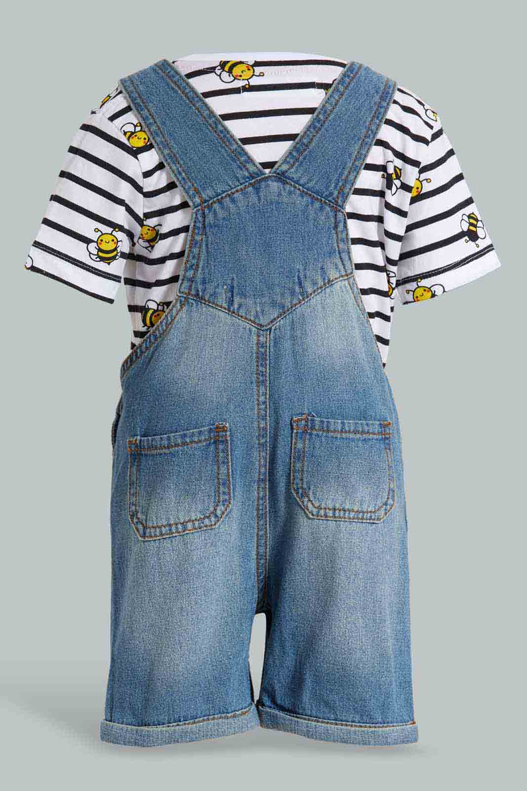 Redtag-Blue-Denim-Dungaree-With-Short-Printed-Tshirt-Category:Sets,-Colour:Blue,-Deals:New-In,-Filter:Infant-Boys-(3-to-24-Mths),-INB-Sets,-New-In-INB-APL,-Non-Sale,-S22D,-Section:Boys-(0-to-14Yrs)-Infant-Boys-3 to 24 Months