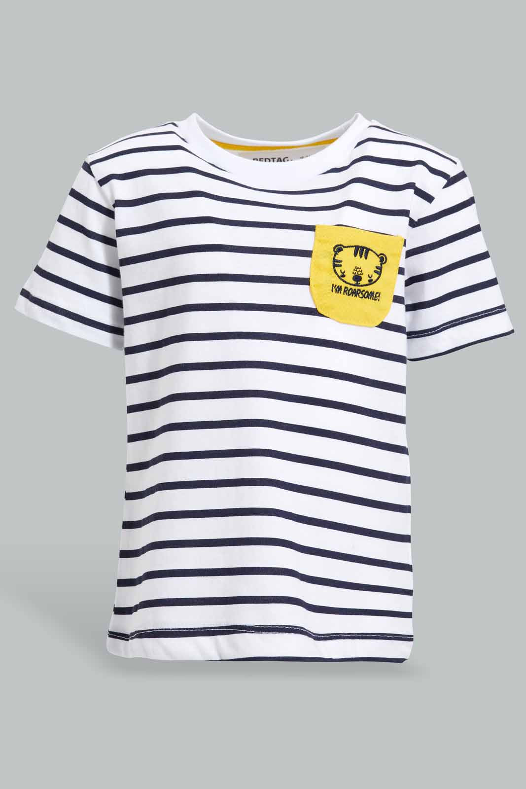 Redtag-Striped-Tshirt-With-Mustard-Trouser-Shorts-Set-(2-Pack)-Category:Sets,-Colour:Mustard,-Deals:New-In,-Filter:Infant-Boys-(3-to-24-Mths),-INB-Sets,-New-In-INB-APL,-Non-Sale,-S22D,-Section:Boys-(0-to-14Yrs)-Infant-Boys-3 to 24 Months