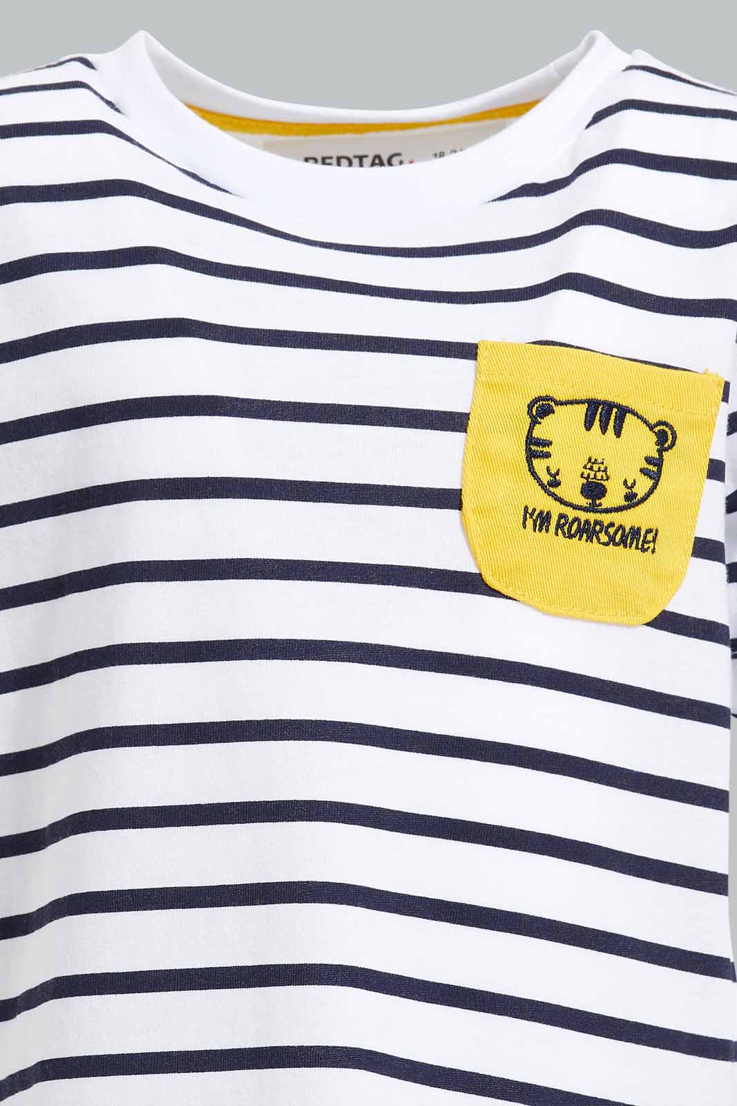 Redtag-Striped-Tshirt-With-Mustard-Trouser-Shorts-Set-(2-Pack)-Category:Sets,-Colour:Mustard,-Deals:New-In,-Filter:Infant-Boys-(3-to-24-Mths),-INB-Sets,-New-In-INB-APL,-Non-Sale,-S22D,-Section:Boys-(0-to-14Yrs)-Infant-Boys-3 to 24 Months