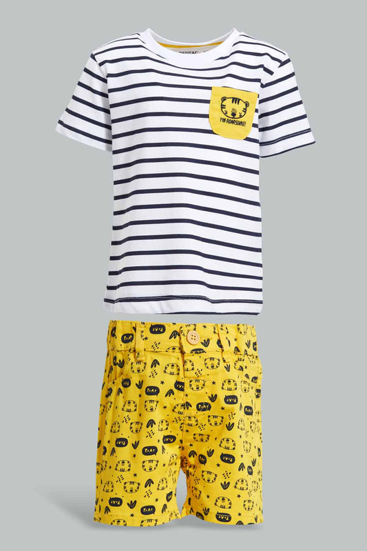 Redtag-Striped-Tshirt-With-Mustard-Trouser-Shorts-Set-(2-Pack)-Category:Sets,-Colour:Mustard,-Deals:New-In,-Filter:Infant-Boys-(3-to-24-Mths),-INB-Sets,-New-In-INB-APL,-Non-Sale,-S22D,-Section:Boys-(0-to-14Yrs)-Infant-Boys-3 to 24 Months