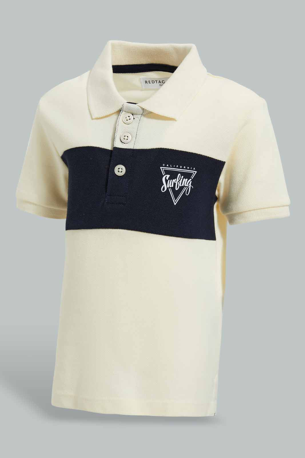 Redtag-Ecru-And-Navy-Cut-And-Sew-Polo-Polo-Shirts-Infant-Boys-3 to 24 Months