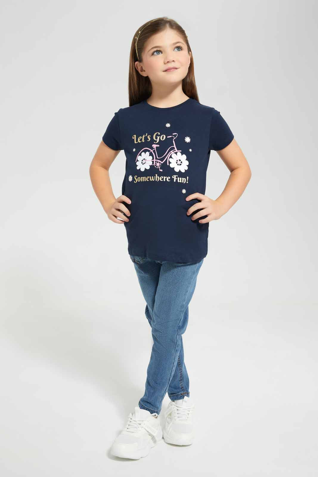 Redtag-Navy-T-Shirt-With-Placment-Print-Category:T-Shirts,-Colour:Navy,-Deals:New-In,-Filter:Girls-(2-to-8-Yrs),-GIR-T-Shirts,-New-In-GIR-APL,-Non-Sale,-S22D,-Section:Girls-(0-to-14Yrs),-TBL-Girls-2 to 8 Years