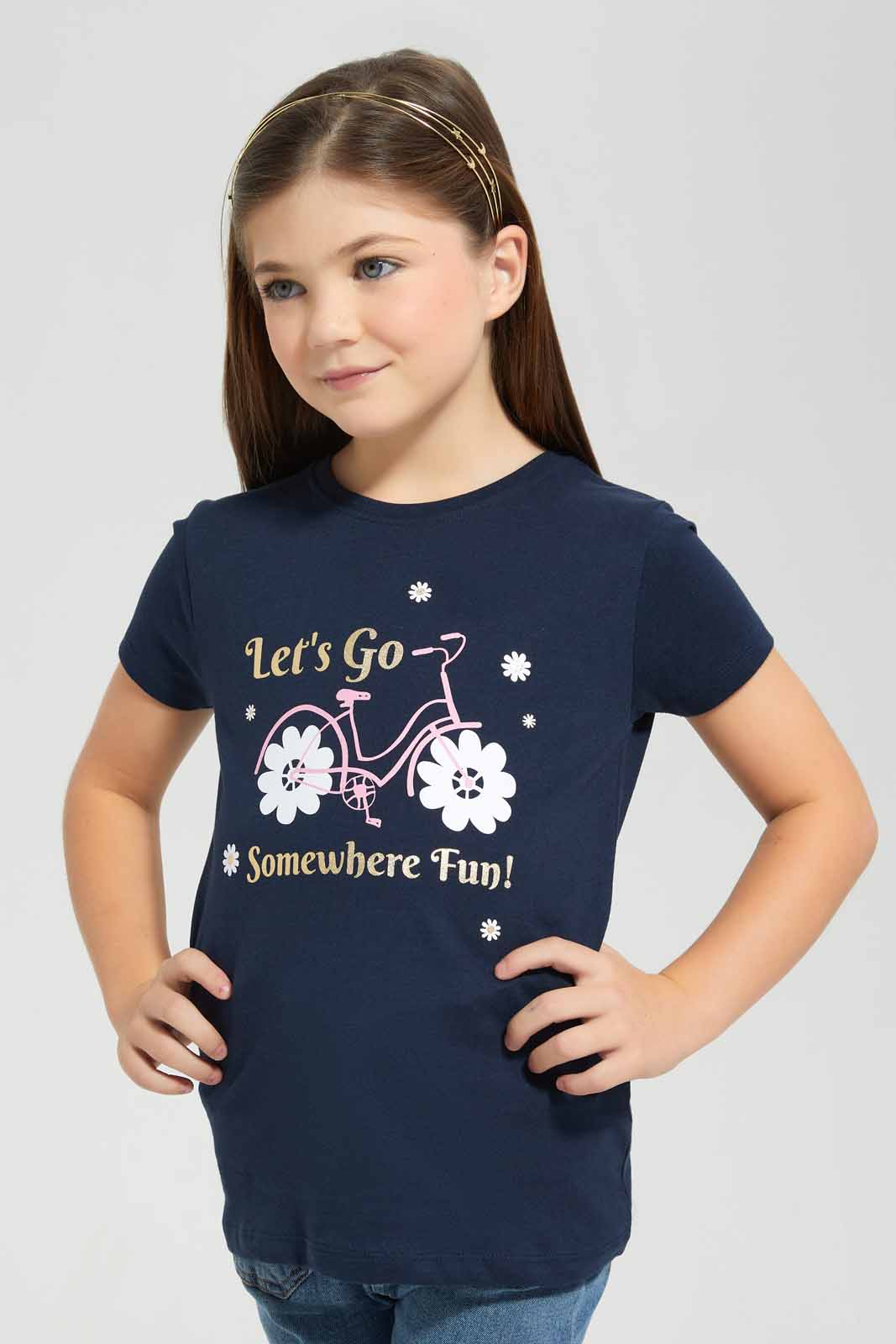 Redtag-Navy-T-Shirt-With-Placment-Print-Category:T-Shirts,-Colour:Navy,-Deals:New-In,-Filter:Girls-(2-to-8-Yrs),-GIR-T-Shirts,-New-In-GIR-APL,-Non-Sale,-S22D,-Section:Girls-(0-to-14Yrs),-TBL-Girls-2 to 8 Years