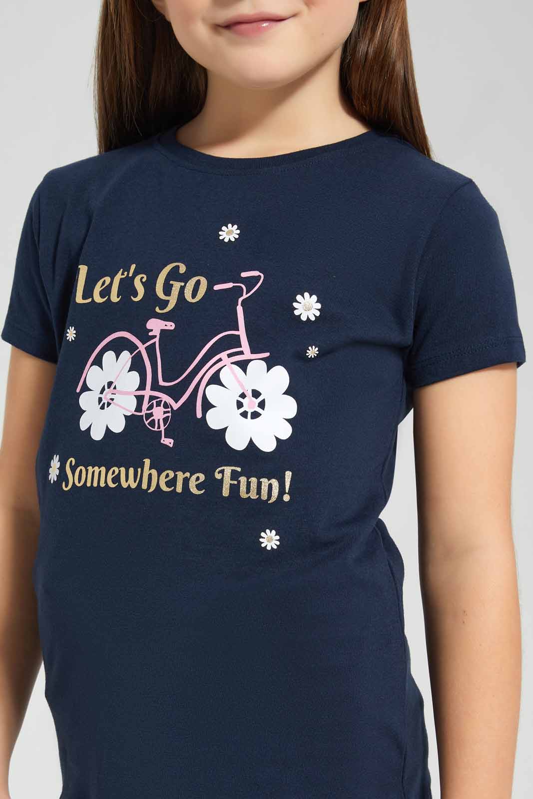 Redtag-Navy-T-Shirt-With-Placment-Print-Category:T-Shirts,-Colour:Navy,-Deals:New-In,-Filter:Girls-(2-to-8-Yrs),-GIR-T-Shirts,-New-In-GIR-APL,-Non-Sale,-S22D,-Section:Girls-(0-to-14Yrs),-TBL-Girls-2 to 8 Years