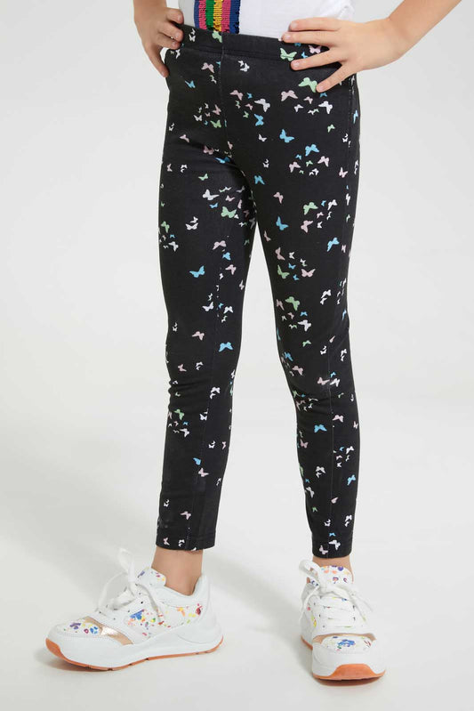 Redtag-Black-Aop-Legging-Jeggings-Girls-2 to 8 Years