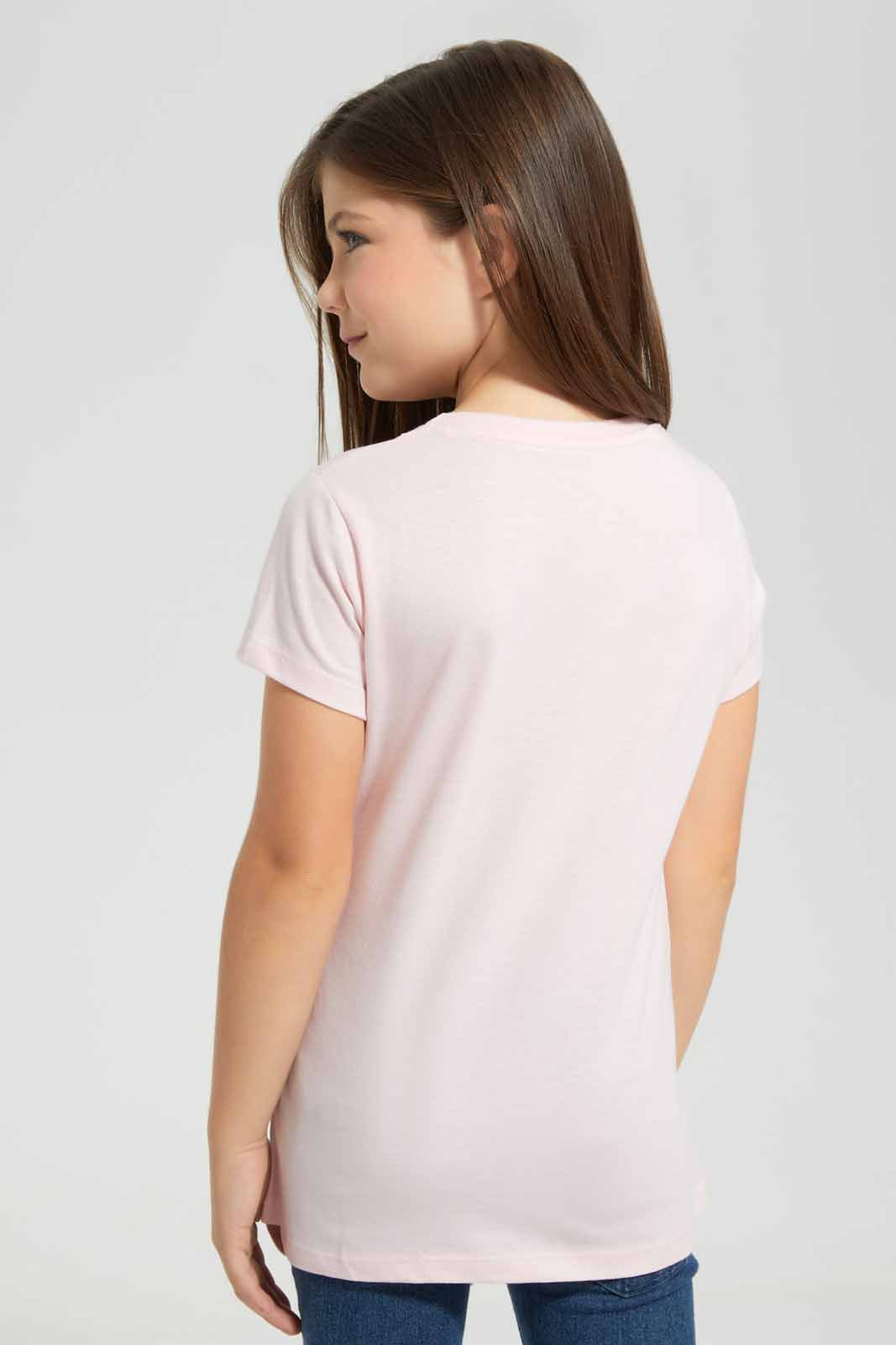 Redtag-Pink-T-Shirt-With-Placment-Print-Category:T-Shirts,-Colour:Apricot,-Deals:New-In,-Filter:Girls-(2-to-8-Yrs),-GIR-T-Shirts,-New-In-GIR-APL,-Non-Sale,-S22D,-Section:Girls-(0-to-14Yrs),-TBL-Girls-2 to 8 Years