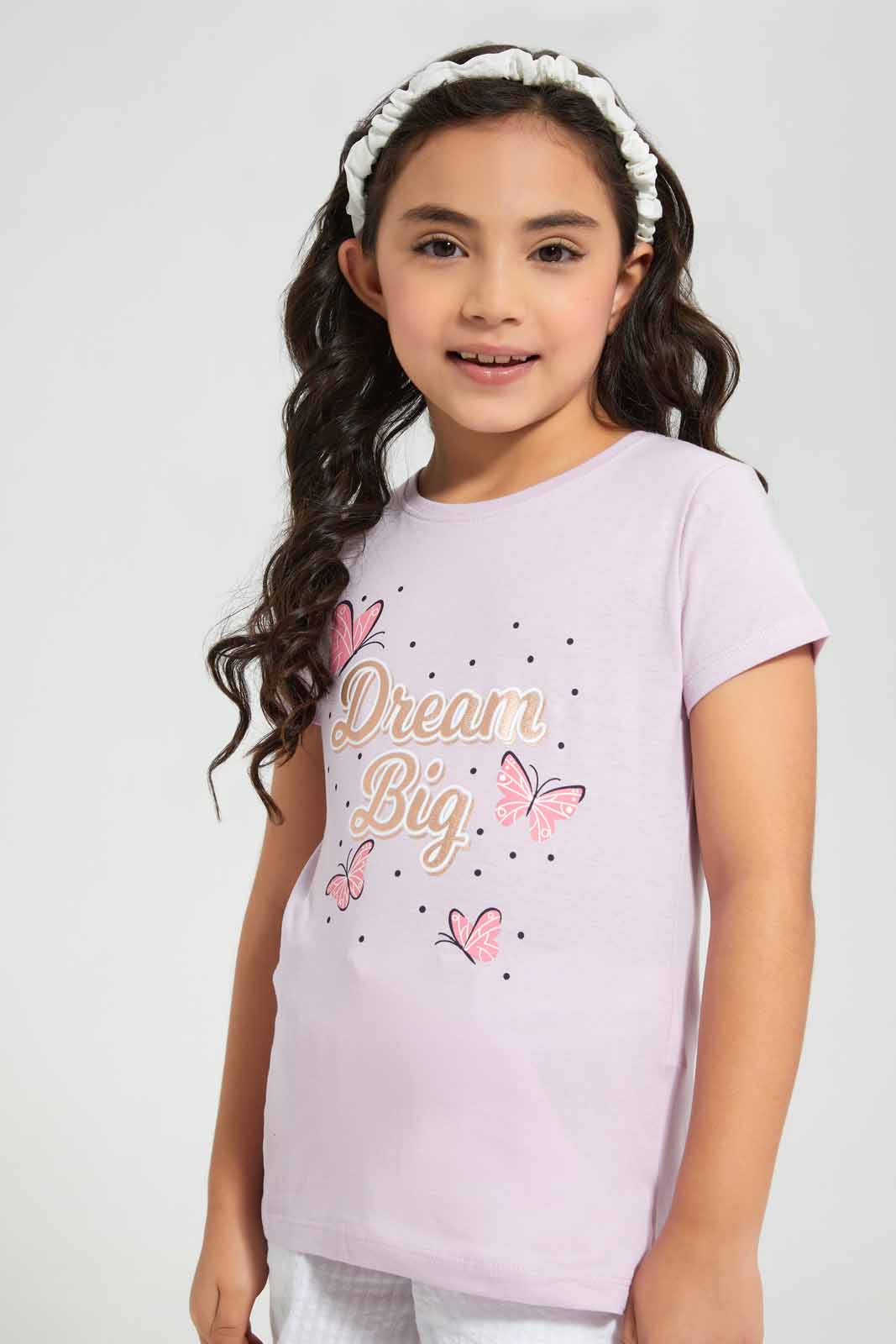 Redtag-Lilac-T-Shirt-With-Placment-Print-Category:T-Shirts,-Colour:Lilac,-Deals:New-In,-Filter:Girls-(2-to-8-Yrs),-GIR-T-Shirts,-New-In-GIR,-Non-Sale,-S22D,-Section:Girls-(0-to-14Yrs),-TBL-Girls-2 to 8 Years