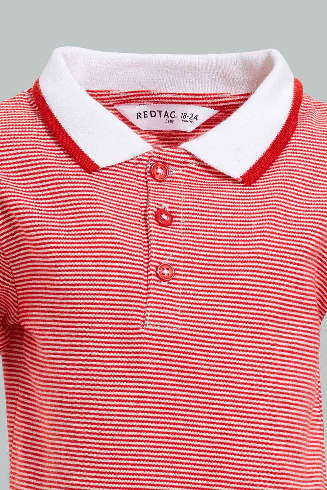 Redtag-Red-Yd-Pin-Striped-Polo-Short-Slv-With-Color-Tipping-Polo-Shirts-Infant-Boys-3 to 24 Months