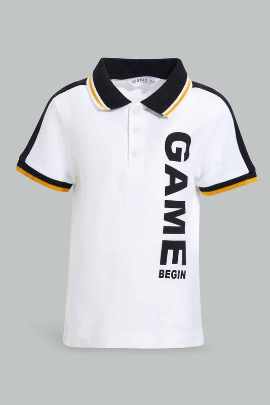 Redtag-White-Pique-Polo-With-Tipping-Collar-And-Placement-Print-Polo-Shirts-Infant-Boys-3 to 24 Months