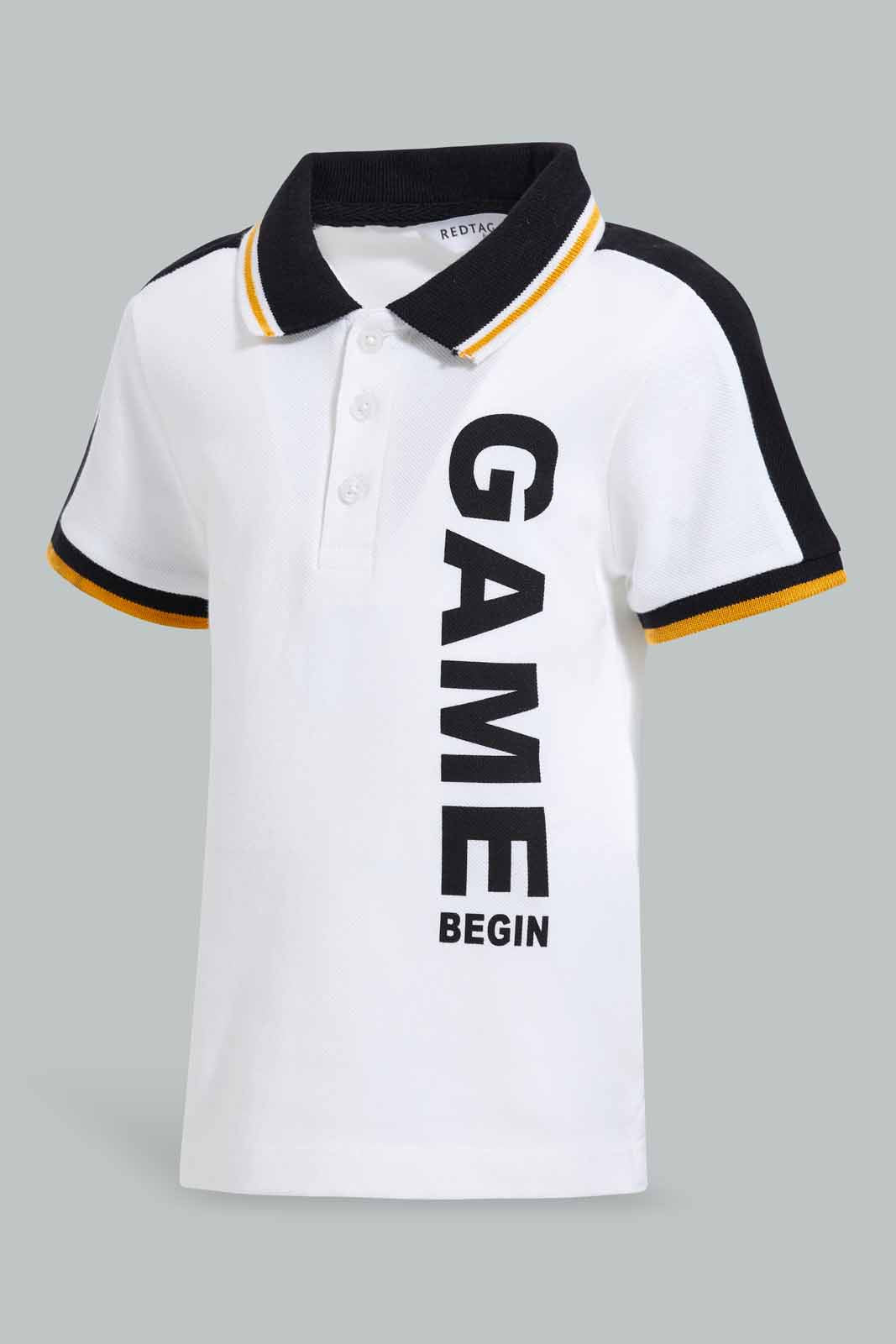 Redtag-White-Pique-Polo-With-Tipping-Collar-And-Placement-Print-Polo-Shirts-Infant-Boys-3 to 24 Months