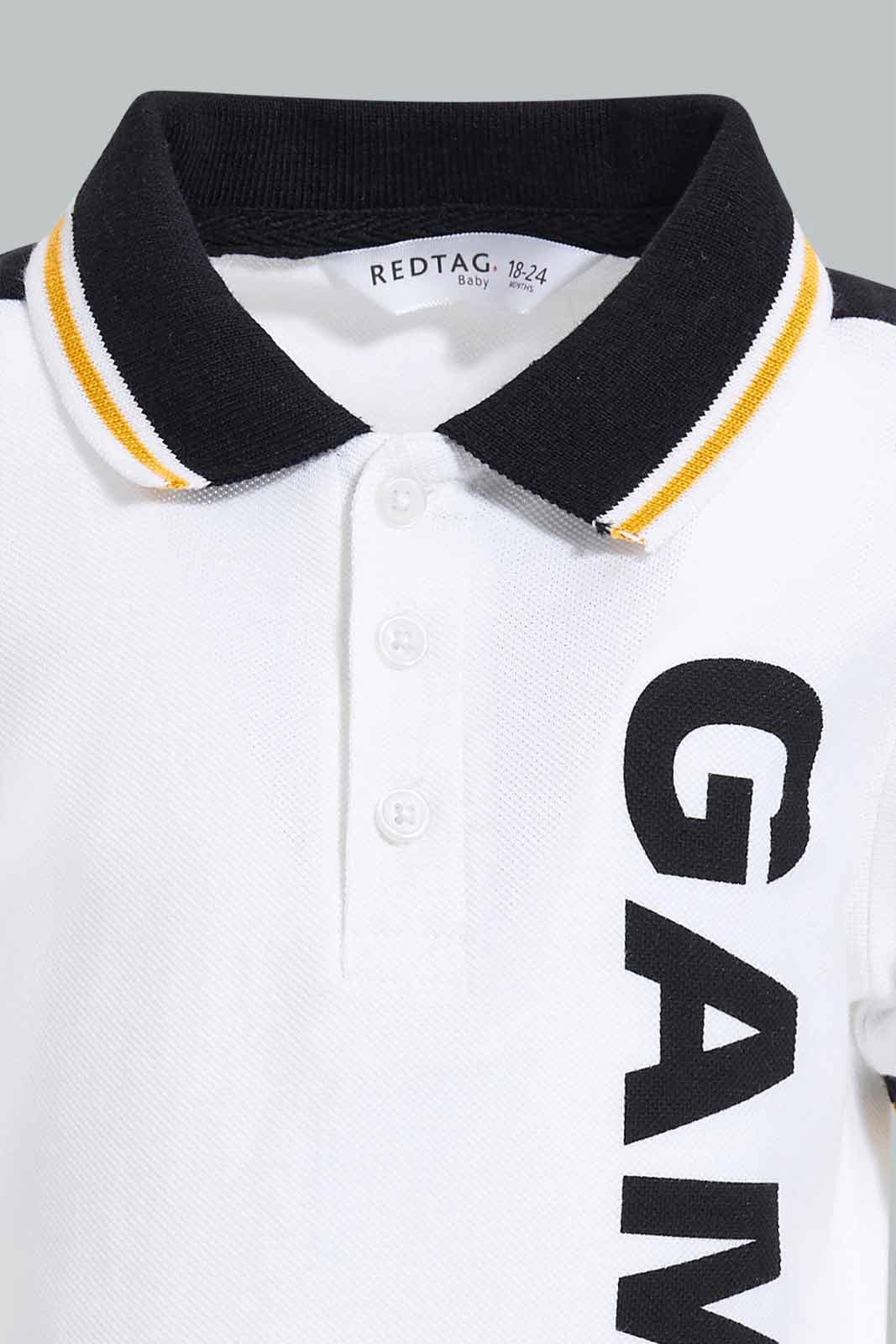 Redtag-White-Pique-Polo-With-Tipping-Collar-And-Placement-Print-Polo-Shirts-Infant-Boys-3 to 24 Months