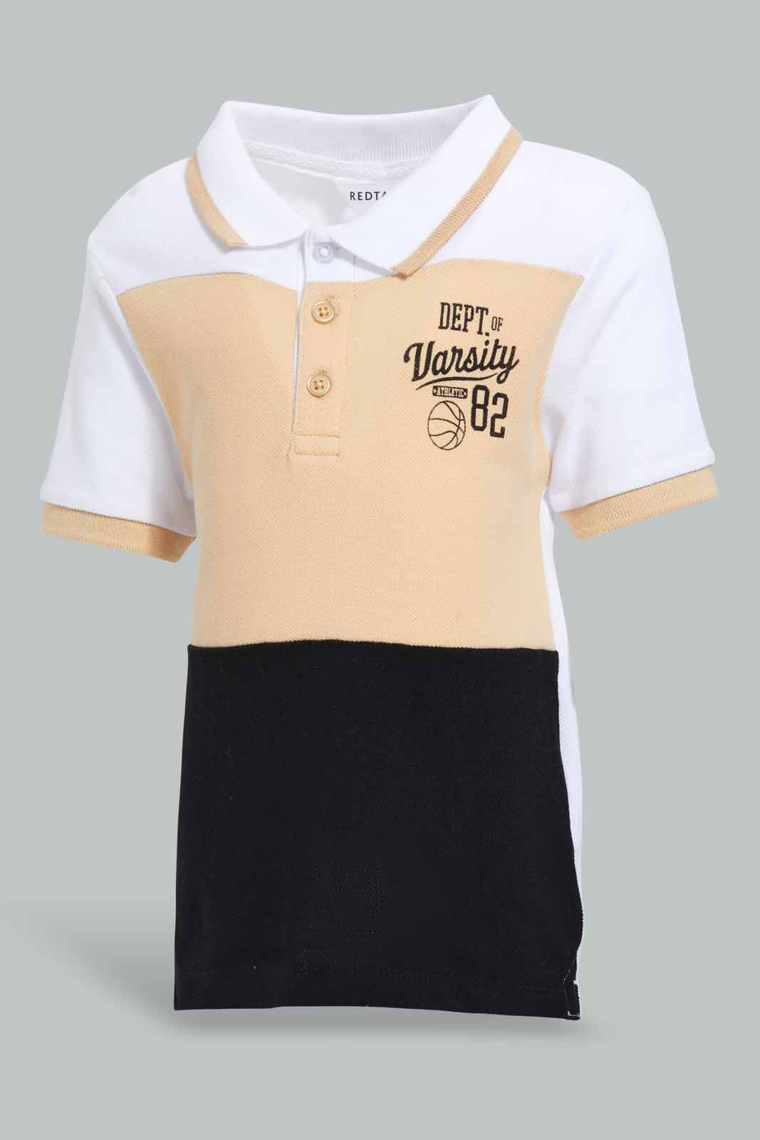 Redtag-Yellow-Navy-White-Polo-Cut-And-Sew-Pique-Polo-Polo-Shirts-Infant-Boys-3 to 24 Months